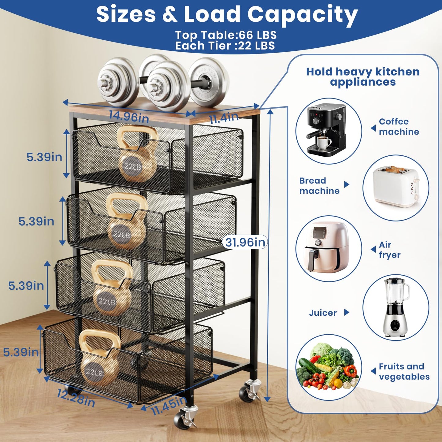 Goovilla Kitchen Cart with Drawers, 4 Tier Metal Rolling Utility Cart Organizer on Lockable Wheels with Wooden Top, Black Fruit Vegetable Storage Rack Also for Cans, Snack, Craft, Art, Office, Beauty