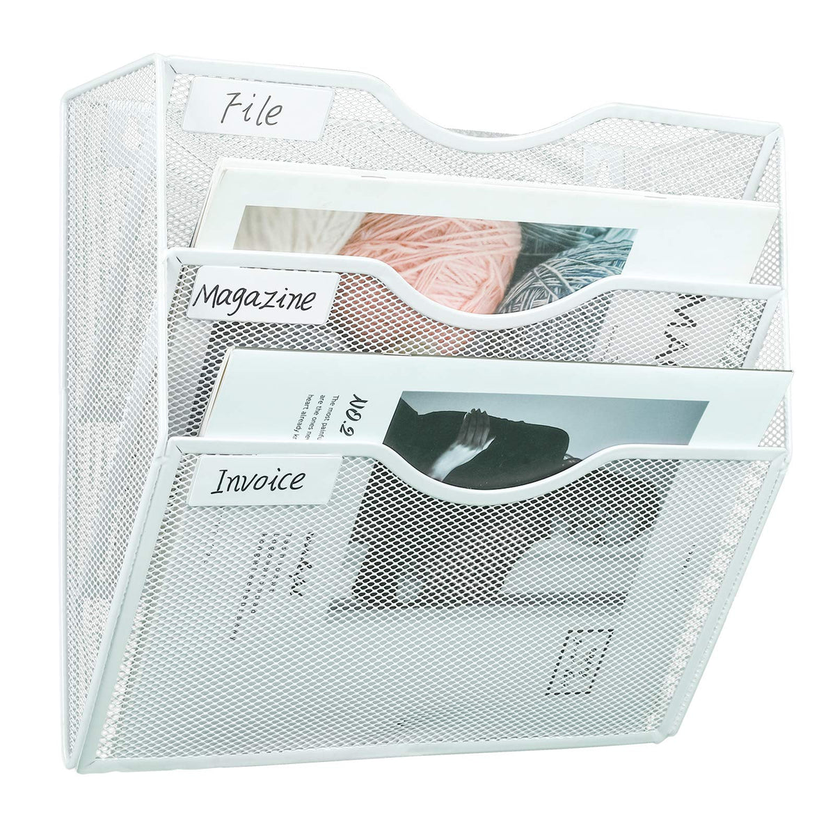 PAG Hanging Wall File Holder Mail Organizer Wall Mount Document Letter Rack, 3-Tier, White