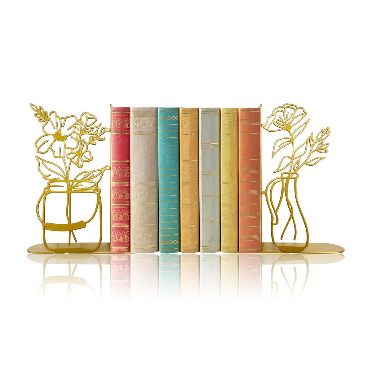 Metal Flower Vase Book Ends, Cute Book Ends for Office Home Decor Decorative Book Ends for Shelves, Ideal Gift for Book Lovers(Gold)