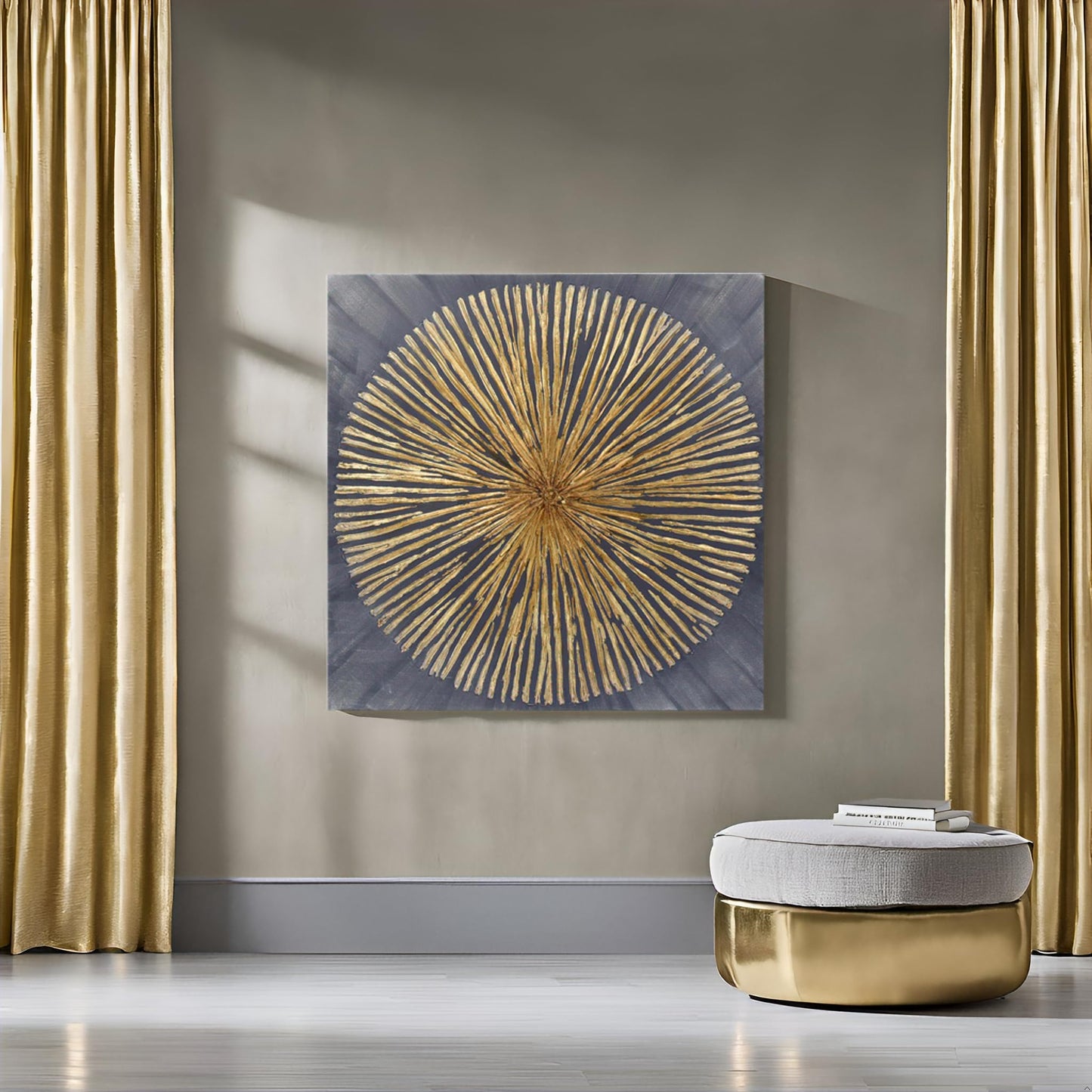 7Fisionart Modern Metal Sunburst Wall Art Gold & Grey Abstract Wall Decor Ready to Hang Radiant Framed Artwork for Living Room Bedroom Office 24x24 Inch