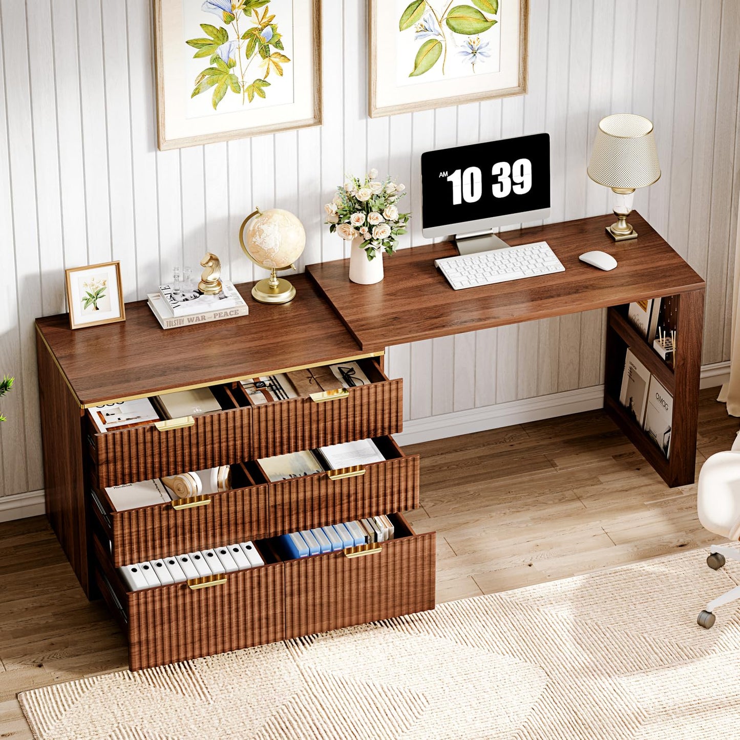 Ieejdn L Shaped Standing Desk,47" Home Office Desks, Executive, Farmhouse Computer Desk with 6 Drawers File Drawer, Rustic Computer Writing, Walnut