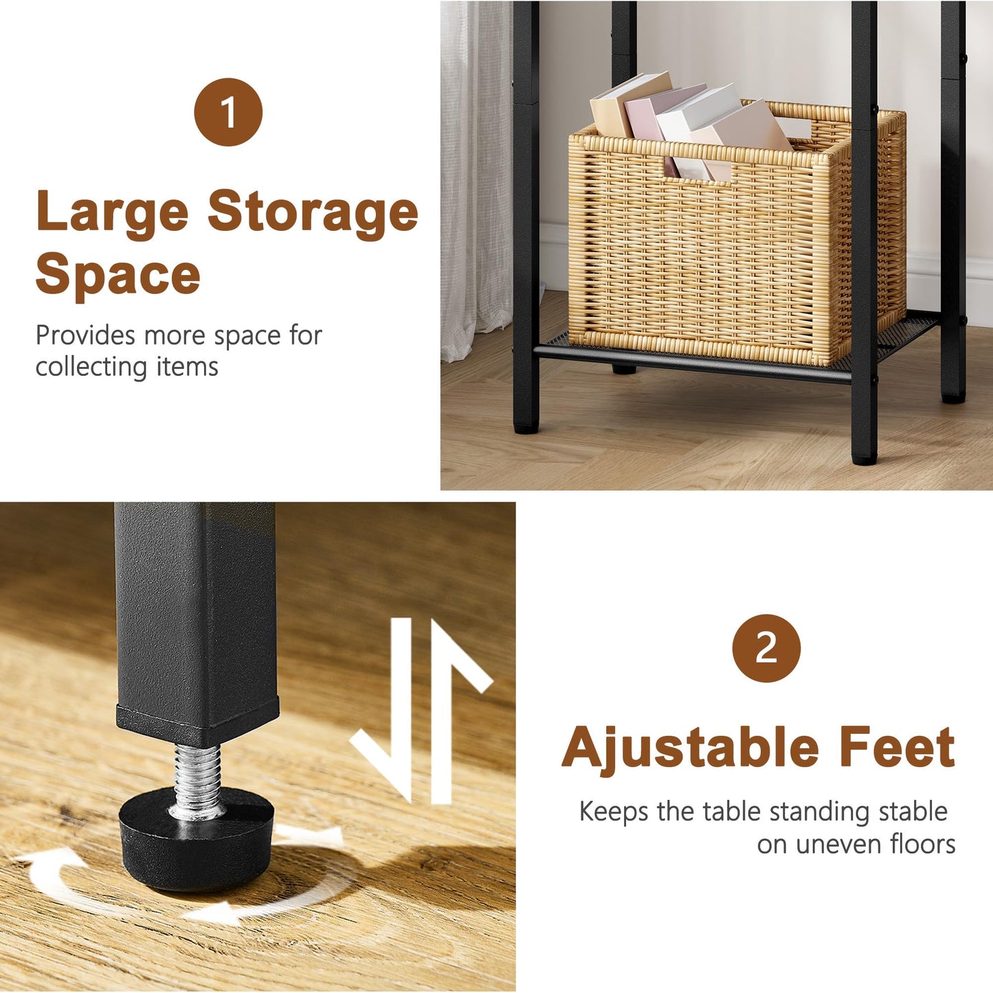 Hoctieon 2-Set 3 Tier End Table, Telephone Table Set of 2, Tall Side Table with Storage Set of 2, Small Nightstand for Small Spaces, Metal Frame, for Living Room, Bedroom, Sofa Couch, Rustic Brown