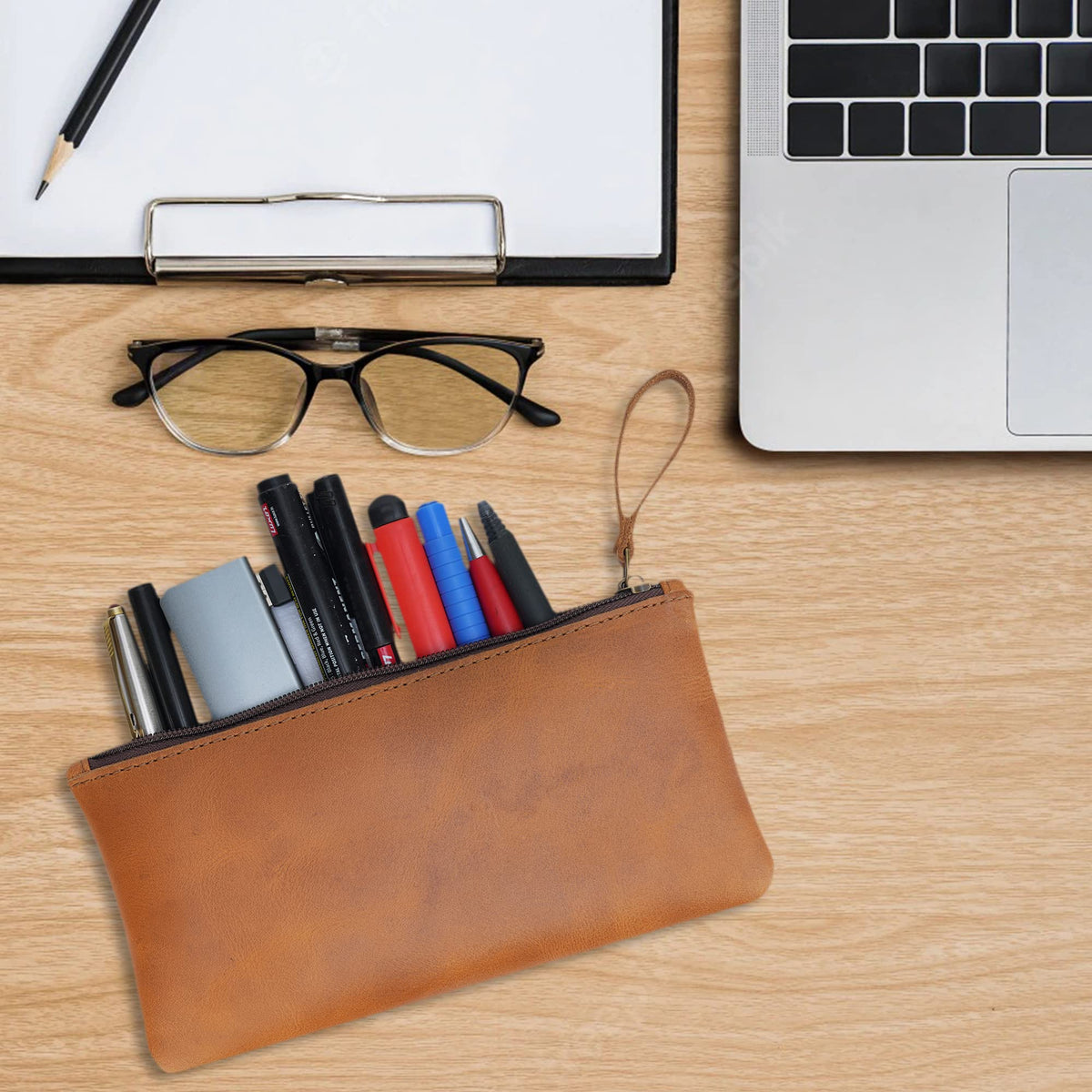 TheAntiq Leather Pencil Pouch, Currency Pouch, Leather Pencil Case, Zippered Pouch Paper Money, Pen Case, Pen and Marker Case, Pencil Case For Artists & Professionals (Tan)