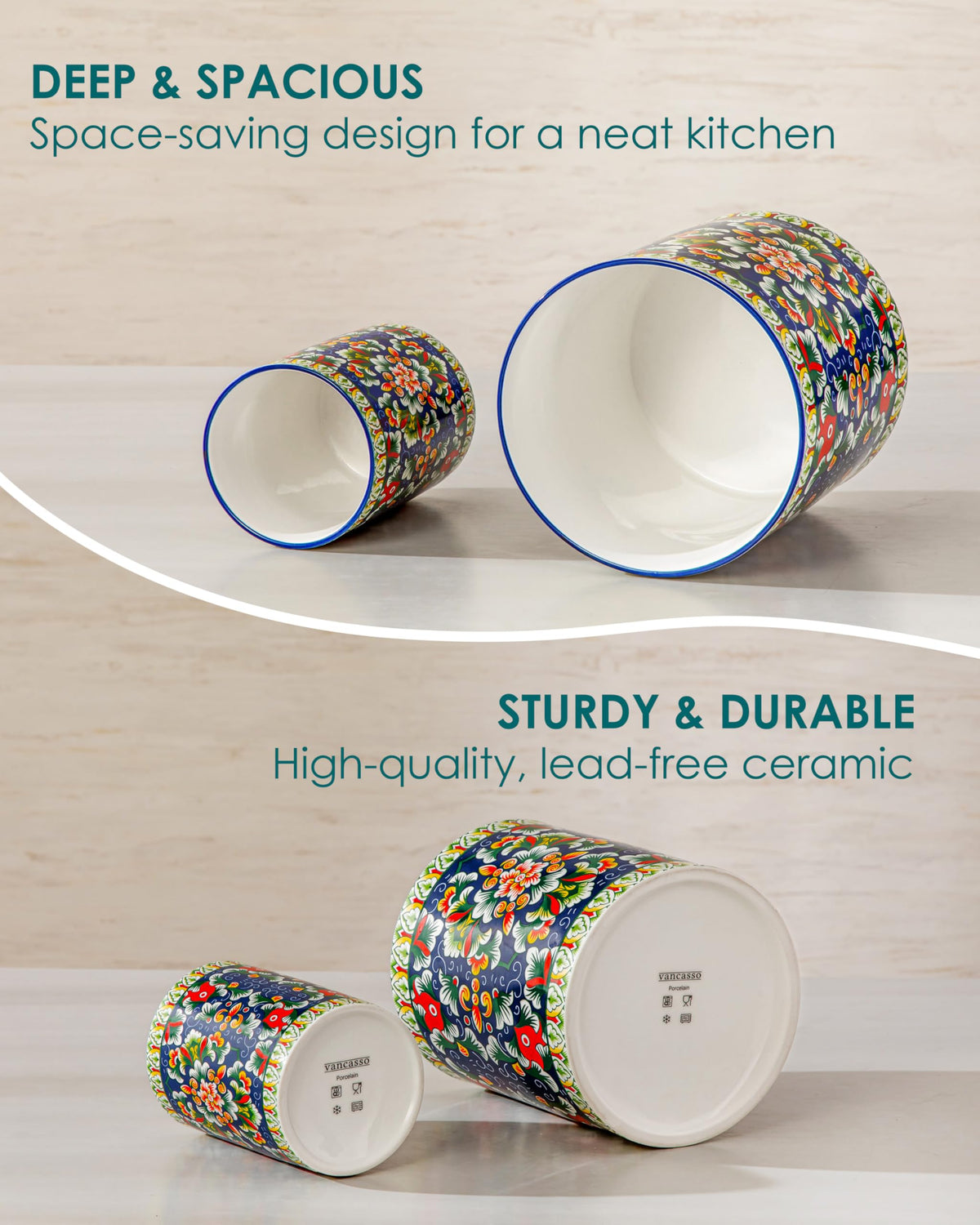 vancasso SIMI Utensil Holder, 7.3"+5.5" Porcelain Kitchen Utensil Holder for Countertop, Bohemian Kitchen Utensil Organizer for Spatulas, Spoons, Decorative Counter Utensil Crock, Verdant Jewel