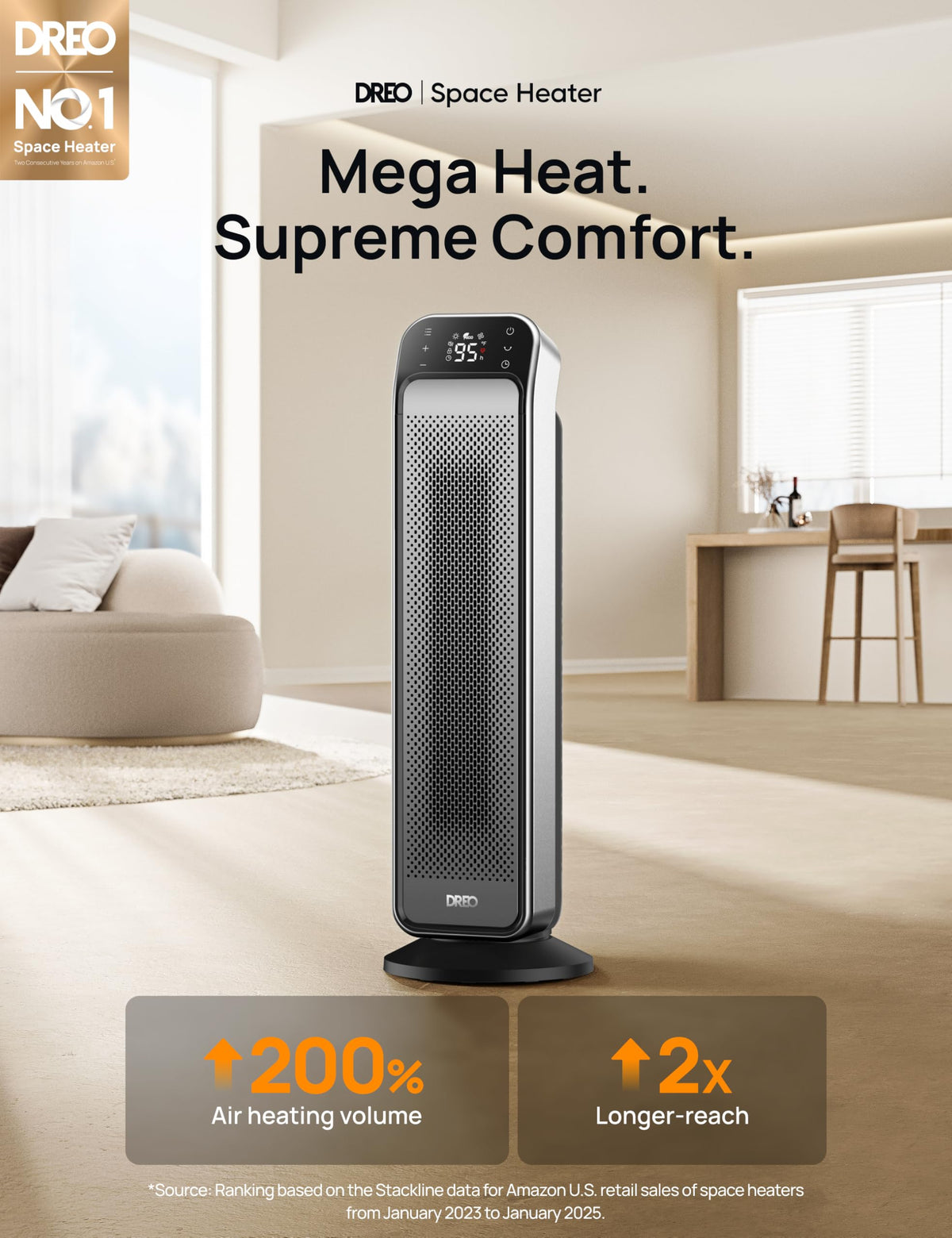 DREO Space Heater Indoor, 25" 11.5ft/s Fast Portable Room Heater with Remote and Thermostat, 3 Modes, Overheating & Tip-Over Protection, Electric Heaters for Indoor Use Large Room, Bedroom, Silver