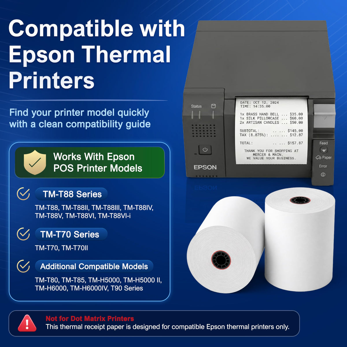 3 1/8 x 230 Thermal POS Rolls for Epson Printers, BPA Free Thermal Printing Compatible with TM-T88 TM-T70 TM-T80 TM-T85 TM-H6000 T90 Series, Credit Card Machine & POS Printer Supplies, Pack of 24