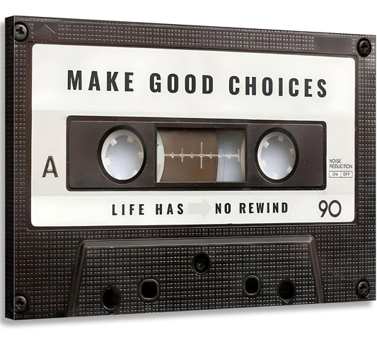 Inspirational Office Canvas Wall Art Picture Vintage Cassett Tape Prints Make Good Choices Life Has No Rewind Inspiring Artwork Motivational Wall Decor for Office Bedroom Living Room 16x24in Framed