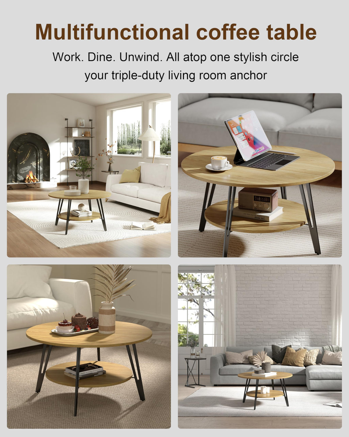 Manora Round Coffee Table with Storage, Small Circle Center Table for Living Room, Modern Wood Coffee Table for Home Office & Small Spaces, Easy Assembly, Oak
