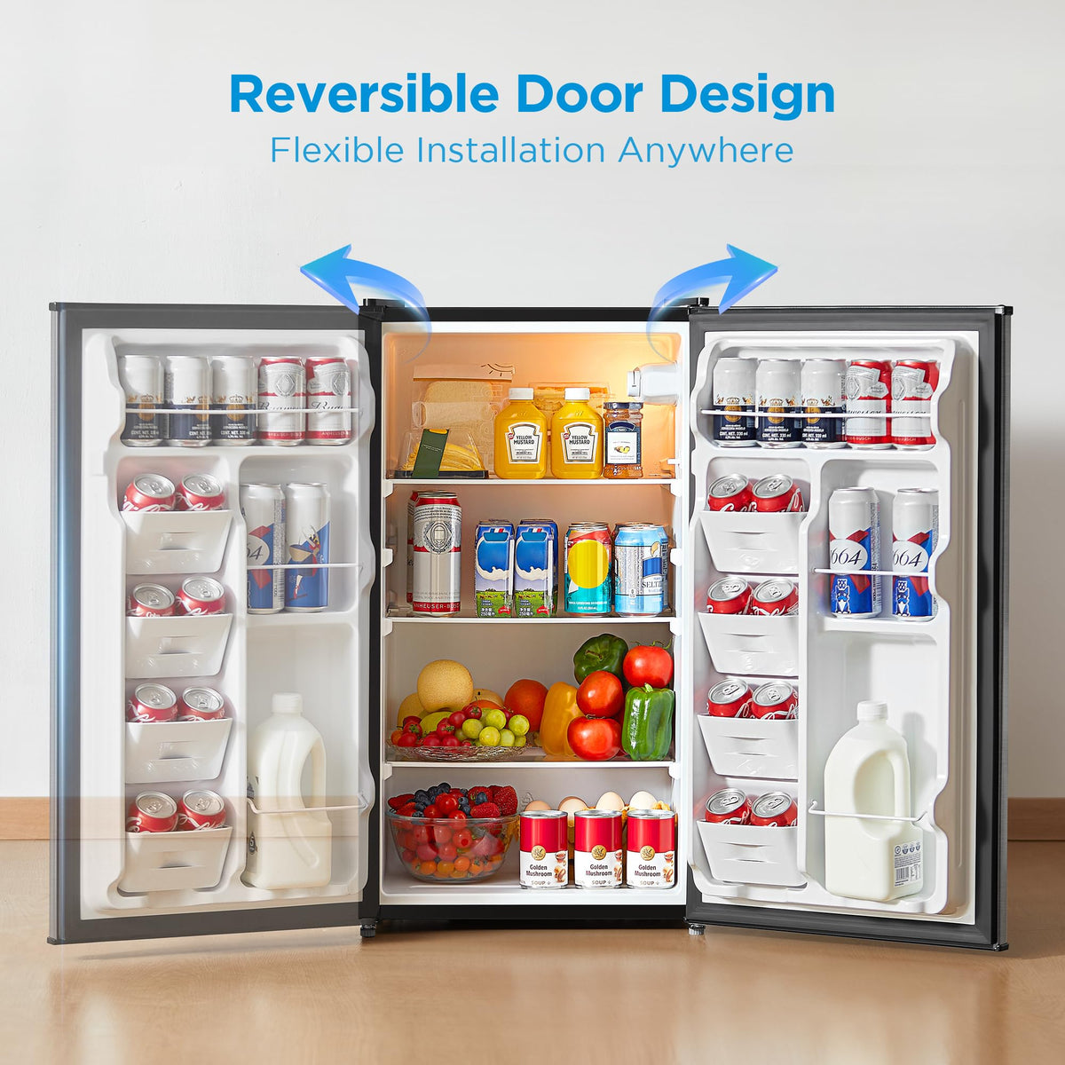 Midea MERM33S1AST Mini Fridge, 3.3 Cu.ft Compact Fridge with Internal Light, Adjustable Thermostat, Reversible Door, Low Noise for Dorm, Office, Bedroom, Stainless Steel