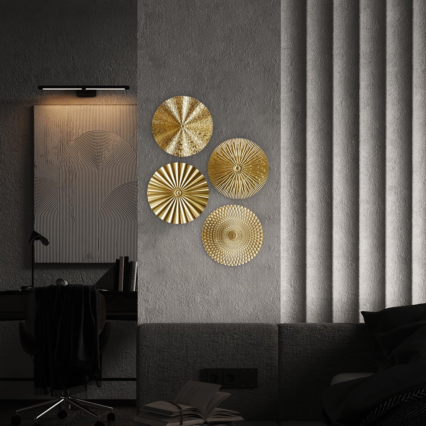 RUNTIVAN 4 Pack Metal Wall Art Decor - 11inch Sunburst Hanging Metal Artwork Decor Wall Art Decorations for Home Living Room Office Gift for Christmas(Gold)