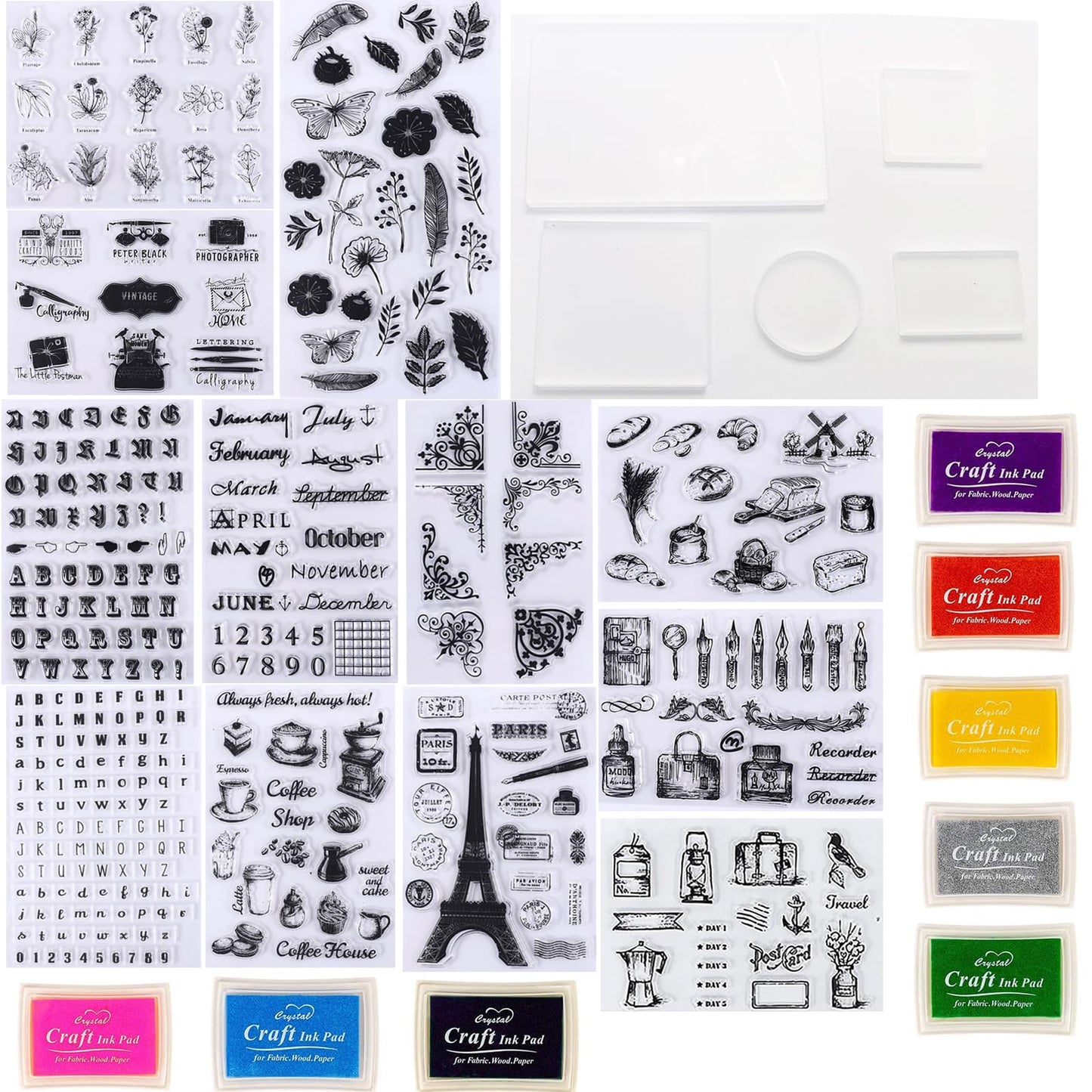 HRJZF 352 Pieces Acrylic Stamp Blocks Tools Set Include 339 Clear Stamp Blocks, 8 Pcs Colorful Craft Ink Pad 5 Pcs Clear Stamping Blocksfor Scrapbooking Card Making DIY