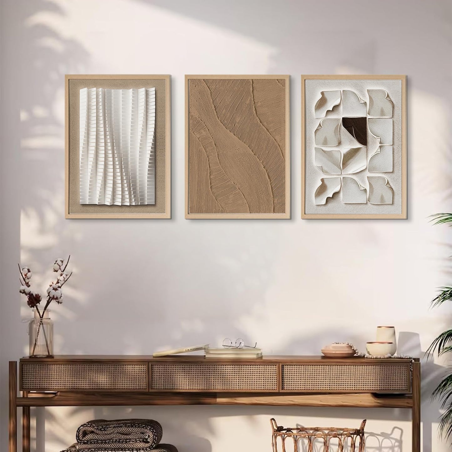 CEXYLVXR 3Pcs Neutral Abstract Wall Art Modern Beige Minimalist Wall Decor Pictures 3D Effect Textured Canvas Prints Abstract Geometry Painting for Living Room Hallway Office 12x16in Unframed Poster