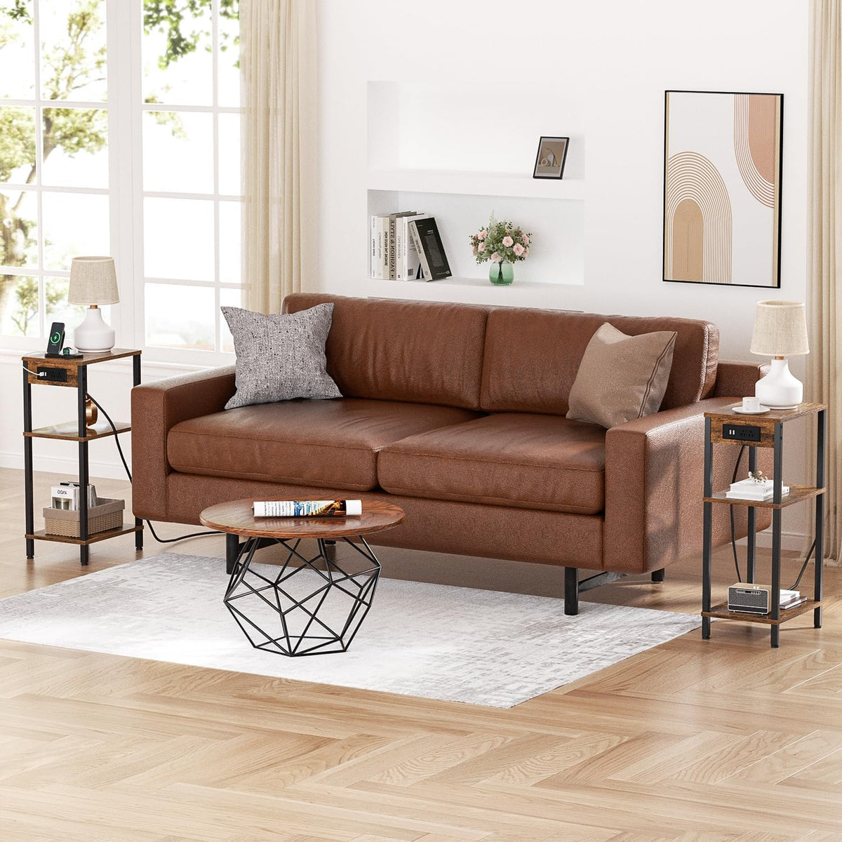 Creso hom Side Table with Charging Station, Tall End Tables Living Room, 30 Inch Skinny Night Stand with Storage, Small Bedside Tables for Bedroom, Office, Dorm, Hallway, Rustic Brown