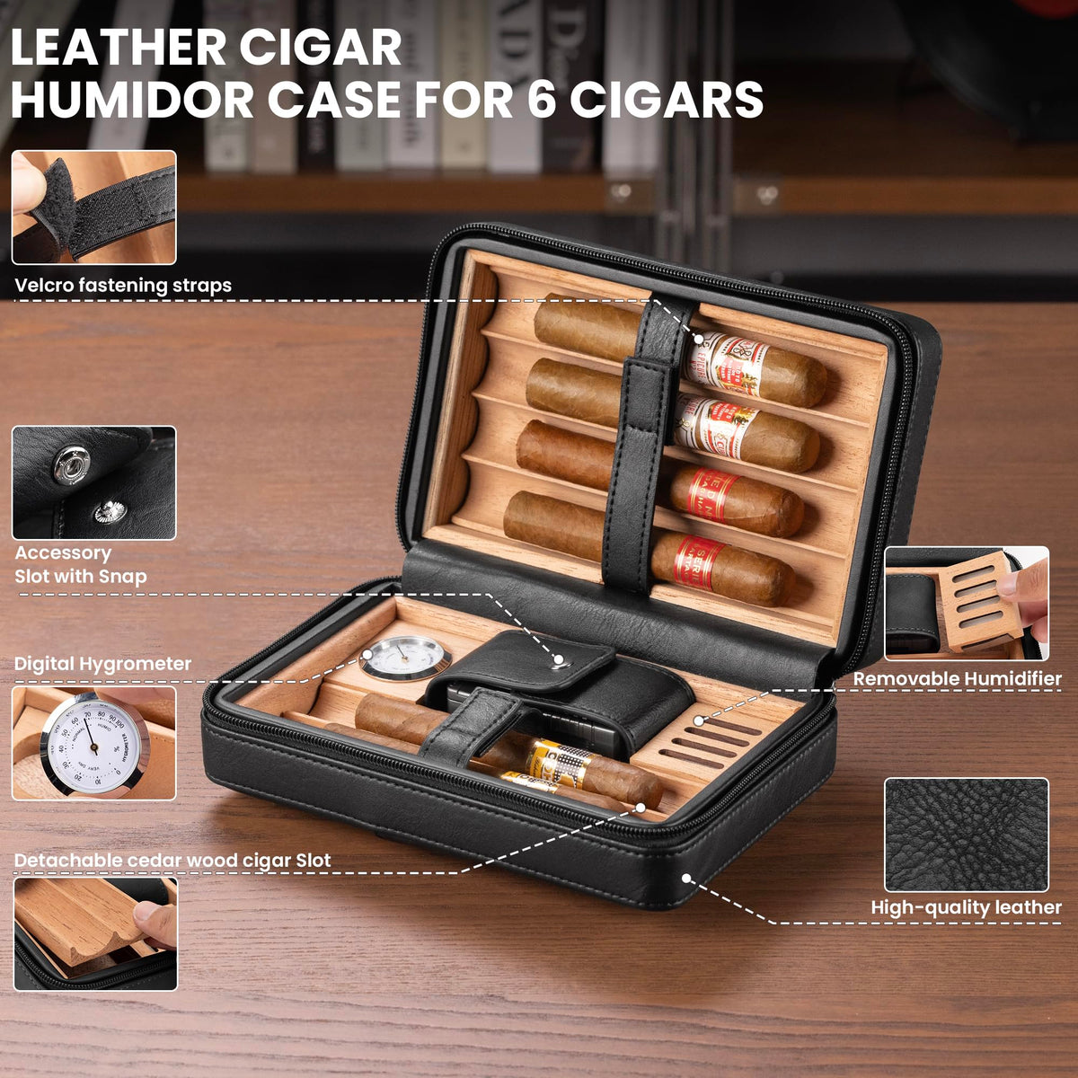 Cigar Humidor, Leather Cedar Wood Cigar Case with Multi-Functional，Hygrometer,Humidifier, Portable Cigar humidor,Carry Strap,Travel humidor Cigar Box, Cigar Gift for man.