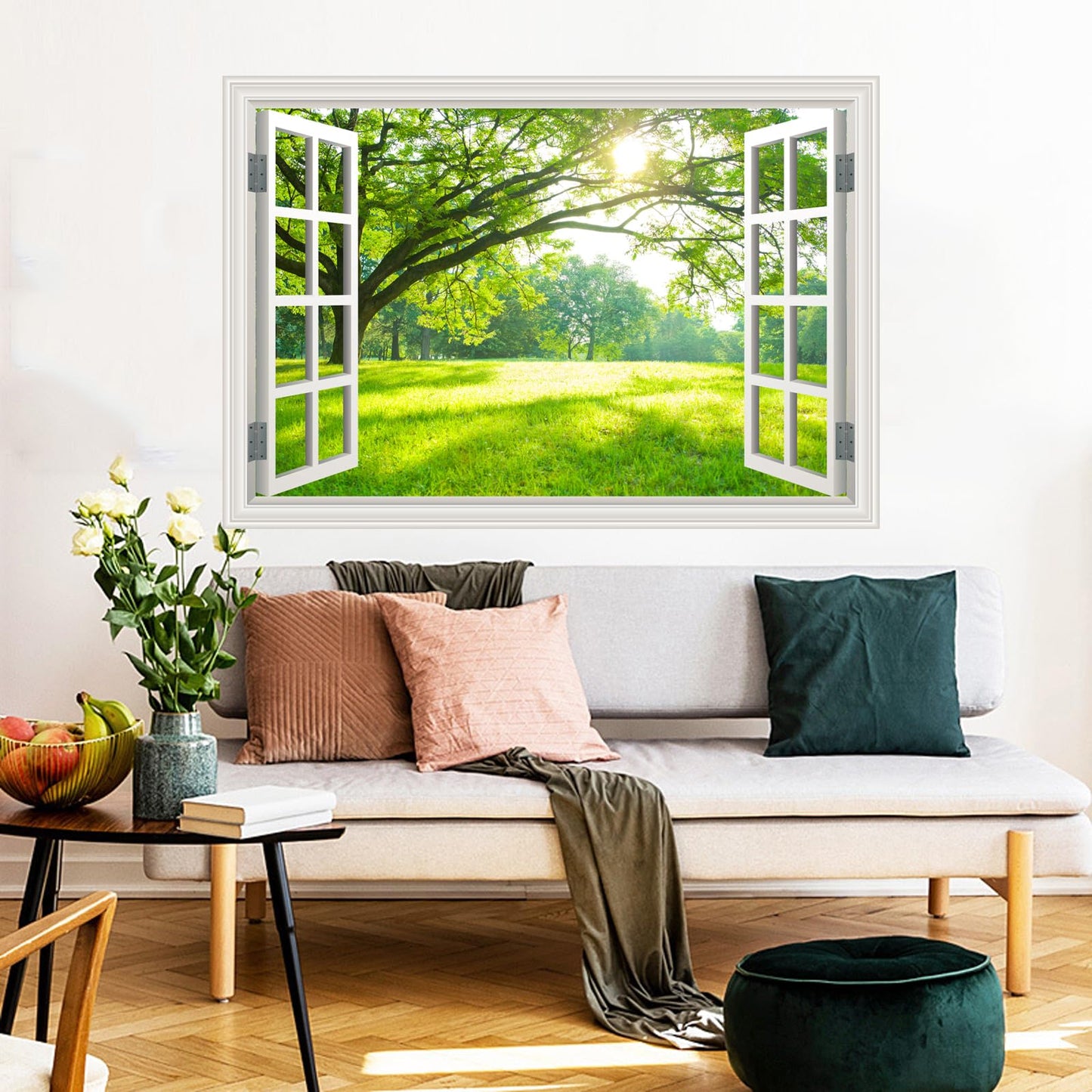 Natural Scenery Spring Green Forest Tree Scene Wall Art Poster Fake Window Wall Mural Faux Window Wall Sticker for Office Home Room Decor, Peel and Stick Wall Decals 48" x 66" Set of 4 Sheets