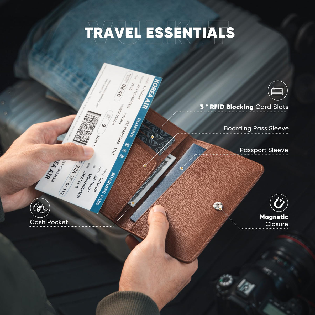 VULKIT Passport Holder Magnetic Closure RFID Blocking Travel Wallet Passport Book Cover Boarding Pass Holder Travel Essentials