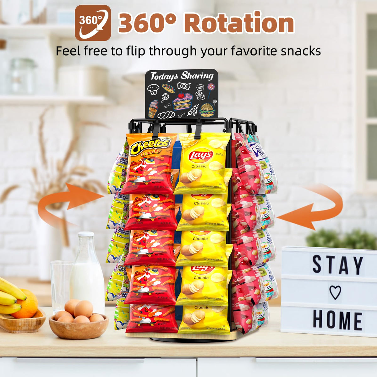 OFUSUY Chip Rack Display Stand, 5 Tiers 40 Clips Display Stand, 360°Rotating Wooden Base Chip Bag Holder for Concession Stand, Snack Organizer for Christmas Party, Retail, with Message Board