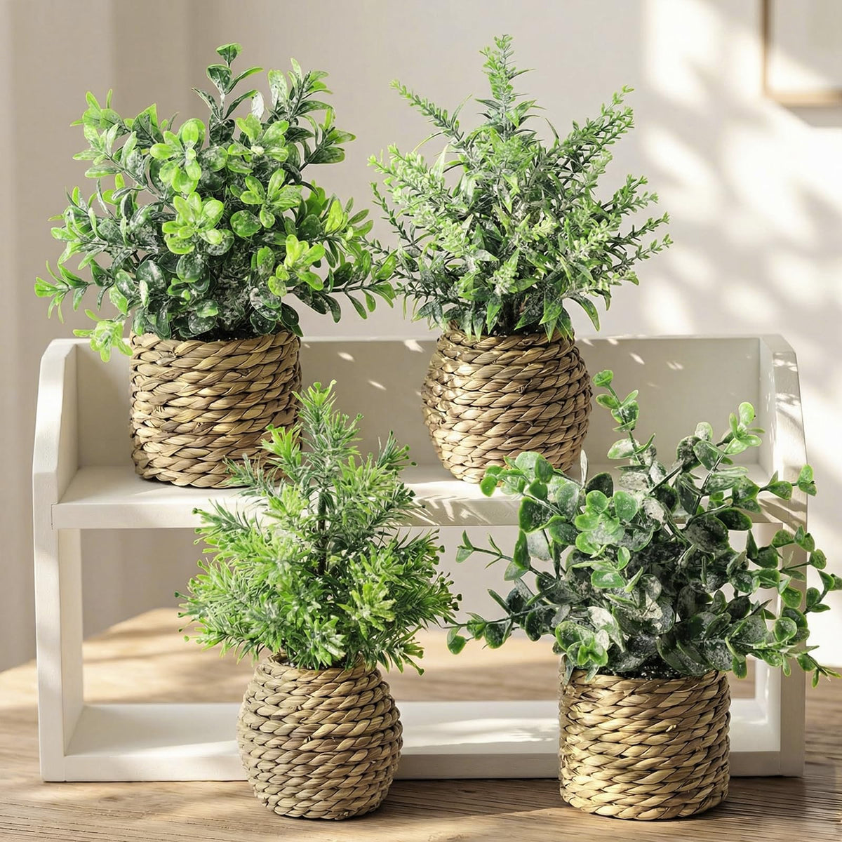 Small Fake Potted Plants: 7 Inches Artificial Plants with Seagrass Handwoven Planters, Indoor Farmhouse Spring Decorations, Eucalyptus Plant for Home Bathroom Office Shelf Tabletop Desk Room Decor