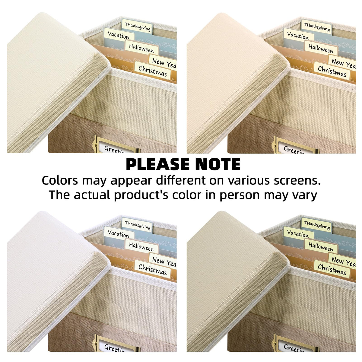 Remowith Greeting Card Organizer, Linen Storage Box with 20 Removable Dividers, 84 Labels & 1 Marker, Perfect for Greeting Cards, Photos, Envelopes, Stickers, Postcards, Beige&Khaki