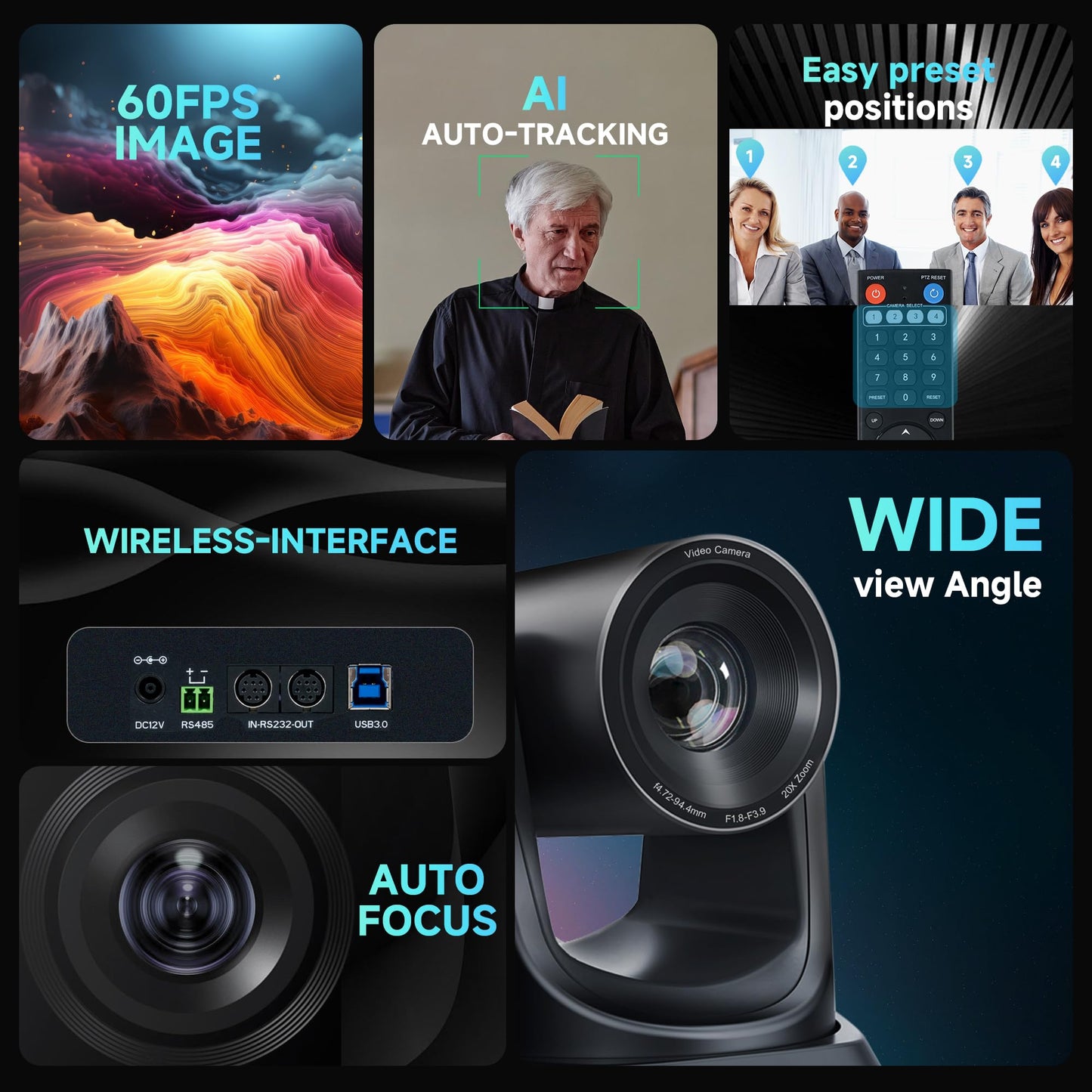 TONGVEO 5.8GHz Wireless Conference Room Camera System with Bluetooth Microphone,20X 60fps PTZ Camera for Worship Online Conference, Works with Zoom, Skype OBS Easy to Set Up