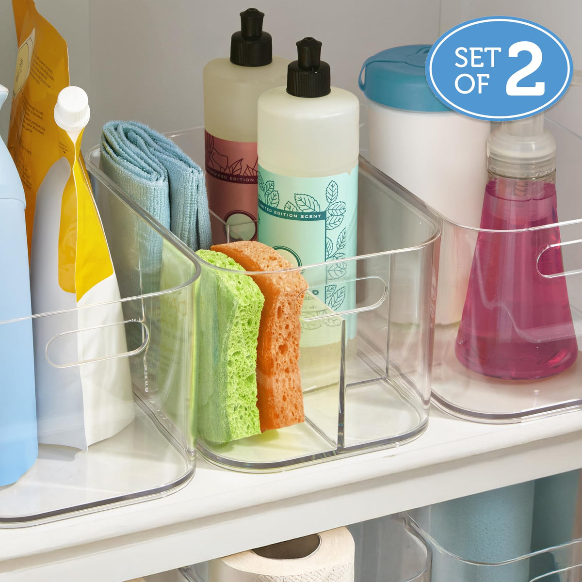 STORi Bliss 5-Compartment Plastic Cosmetics Storage Organizer, Set of 2 | Clear | Rectangular Divided Makeup Bin & Vanity Caddy with Pass-Through Handles | Round Corner Design | Made in USA