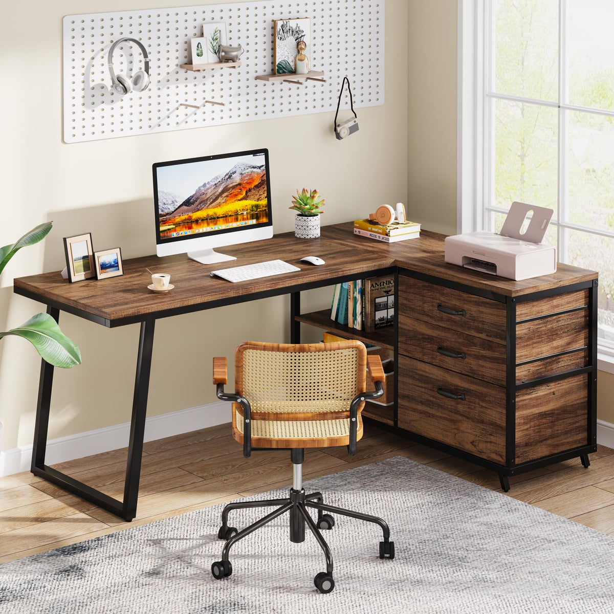 Tribesigns L-Shaped Computer Desk with 3 Drawers, Reversible Corner Home Office Desk with Shelves, 53-Inch Industrial PC Desk Study Writing Table Workstation for Small Space, Rustic Brown