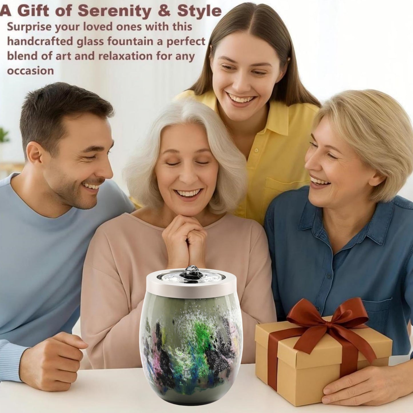 VOREEN Handblown Art Glass Tabletop Fountain, Quiet USB Desk Water Feature for Home & Office, Artisan-Made Landscape Glass Water Design with Soft White Ambient Glow, Collectible Décor Gift – Grey