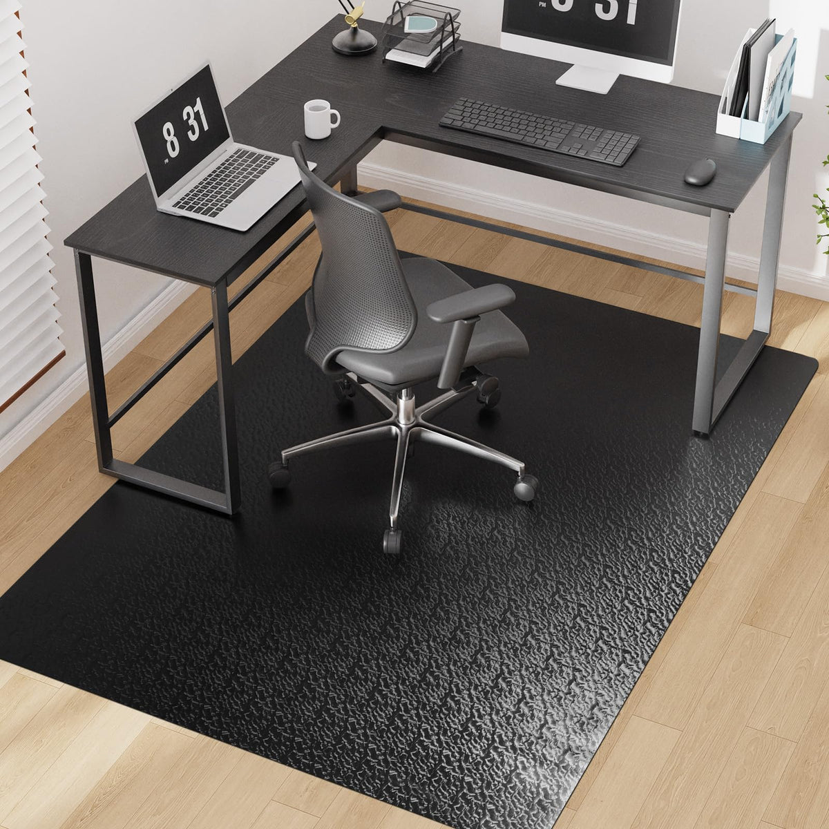 Mymeely Office Chair Mat for Hardwood Floor, 60"x75" Large Black PVC Computer Desk Chair Mat with Unique Pattern for Gaming, Anti-Slip Floor Protector for Home Office, Rolling Chair