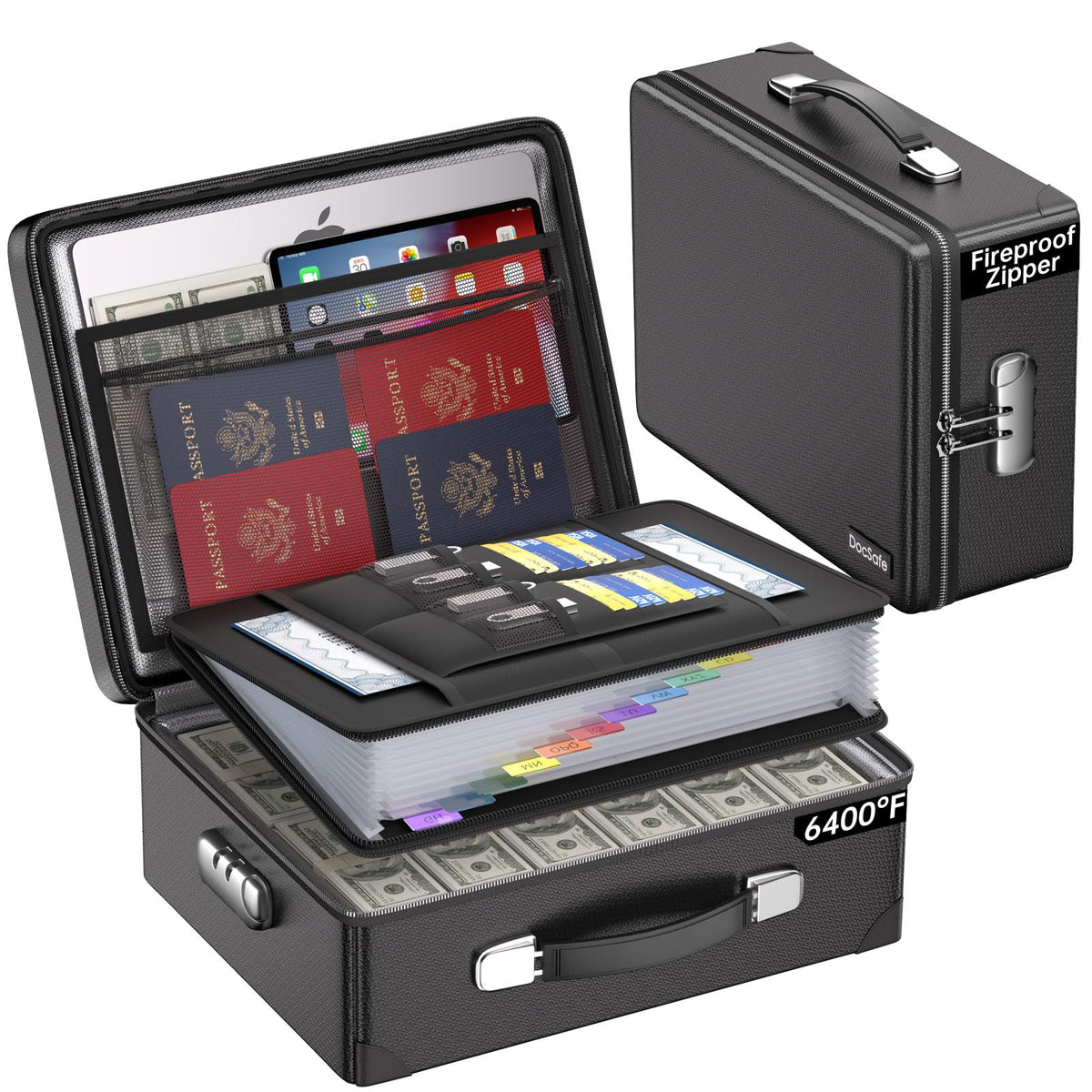 DocSafe 6400°F Fireproof Document Box with Lock,Heat Insulated Fireproof Water Resistant 10 Layers Hard Case Safe Box with Zipper＆Multi Pockets,Protects Personal Items,Documents,Laptop,Passport,Black