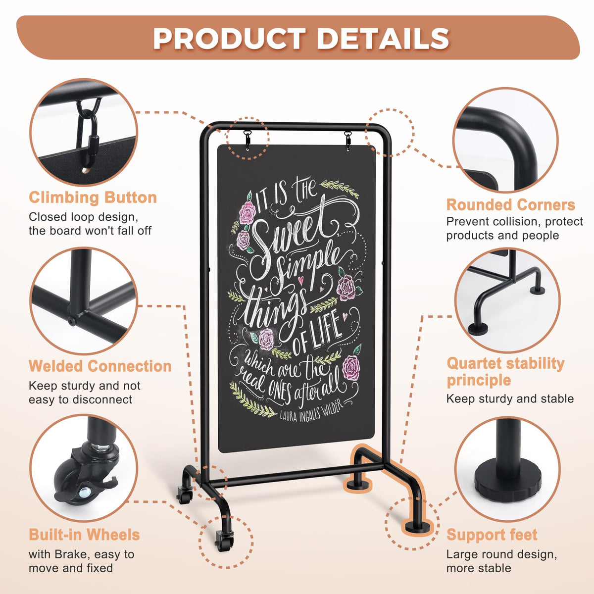 SELEAD Metal Swinging Chalkboard with Wheels - 40" x 20" Double Sided Rolling Sidewalk Chalk Board Easel Sign, Large Outdoor Indoor Menu Message Sandwich Pizarra for Business, Wedding, Cafe