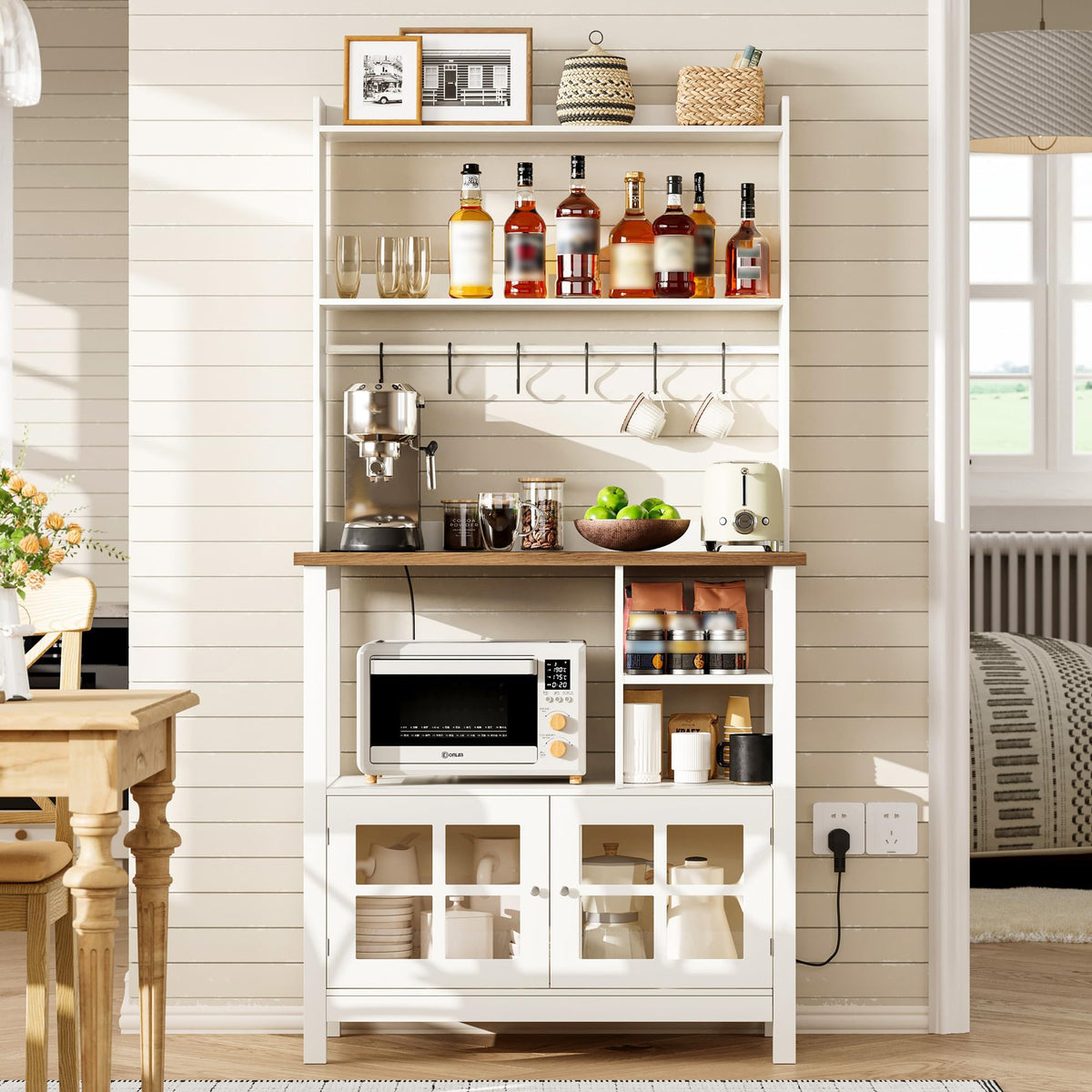 ChooChoo Farmhouse Bakers Rack with Power Outlets and Storage, Coffee Bar Cabinet with Storage, Microwave Stand Kitchen Cabinet with Hutch and 6 Hooks, Soft White & Brown