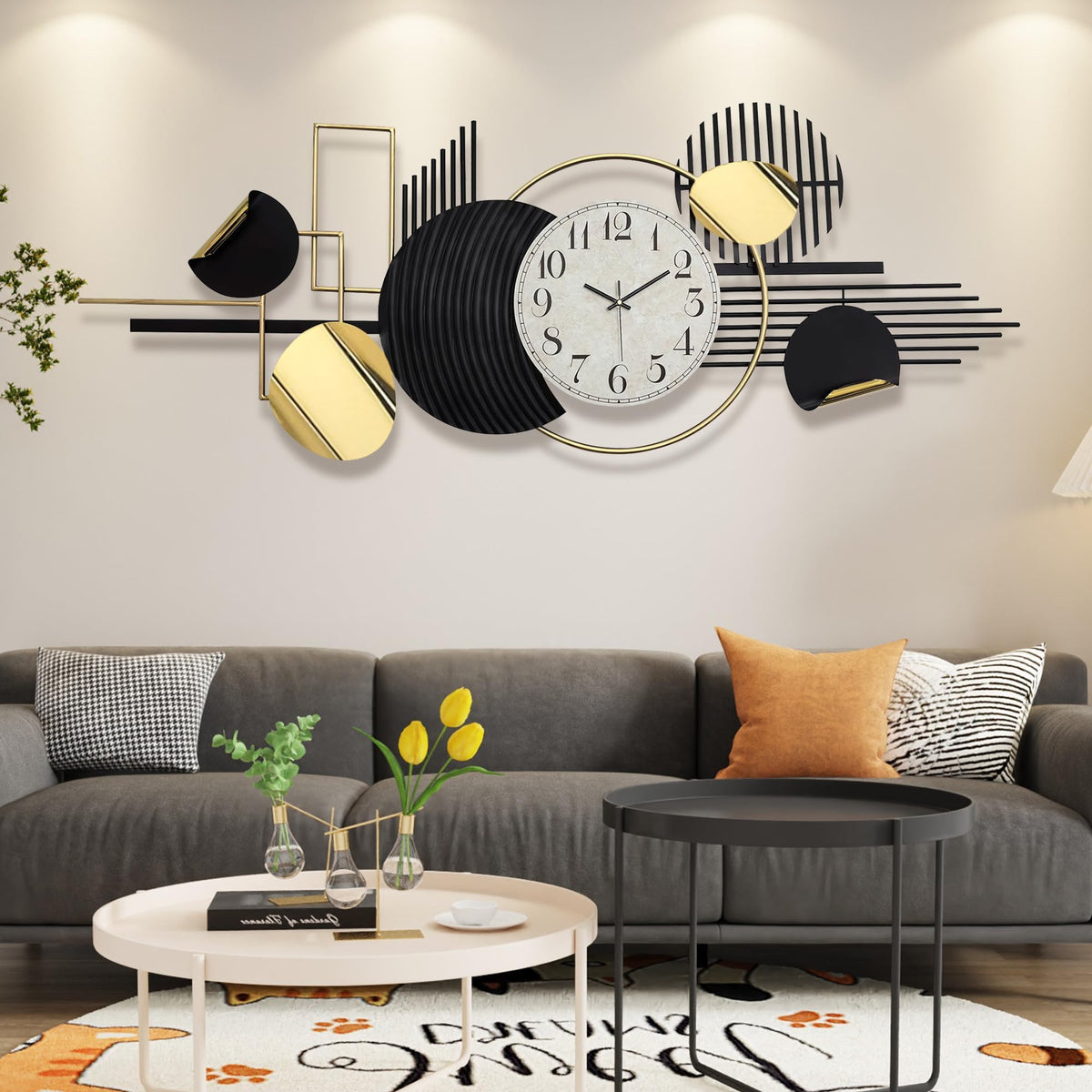 WALL Large Modern Abstract Metal Wall Art, Black and Gold Geometric Circles Wall Decoration, Contemporary Home Decor,59 × 24 in Wall Art for Living Room/Dinning Room/Bedroom/Entryway/Kitchen/Office