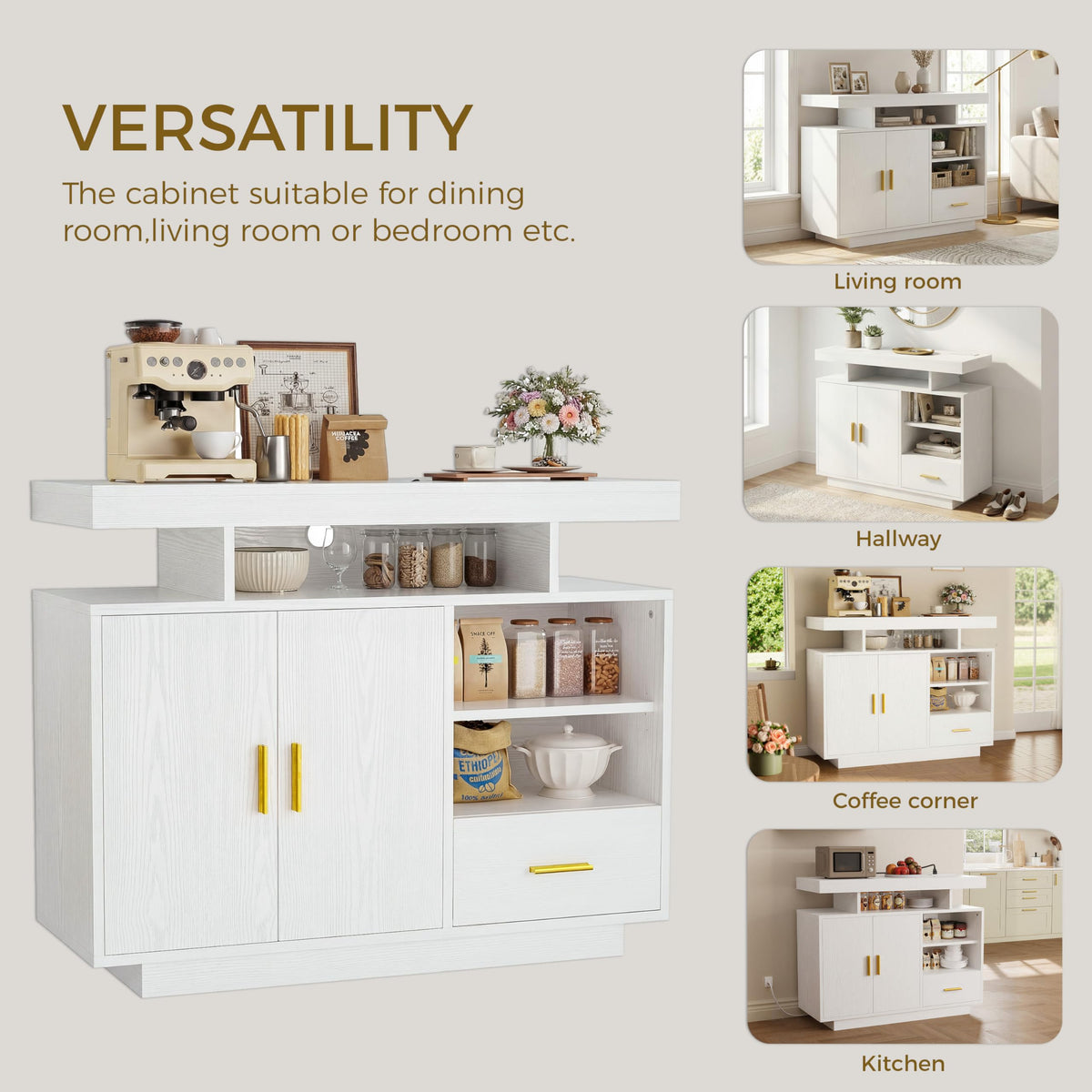 IRONCK Buffet Cabinet, Sideboard Cabinet with Power Outlet and LED Light, Modern Storage Cabinet with Drawer, Coffee Bar Cabinet with Doors and Shelves for Kitchen, White