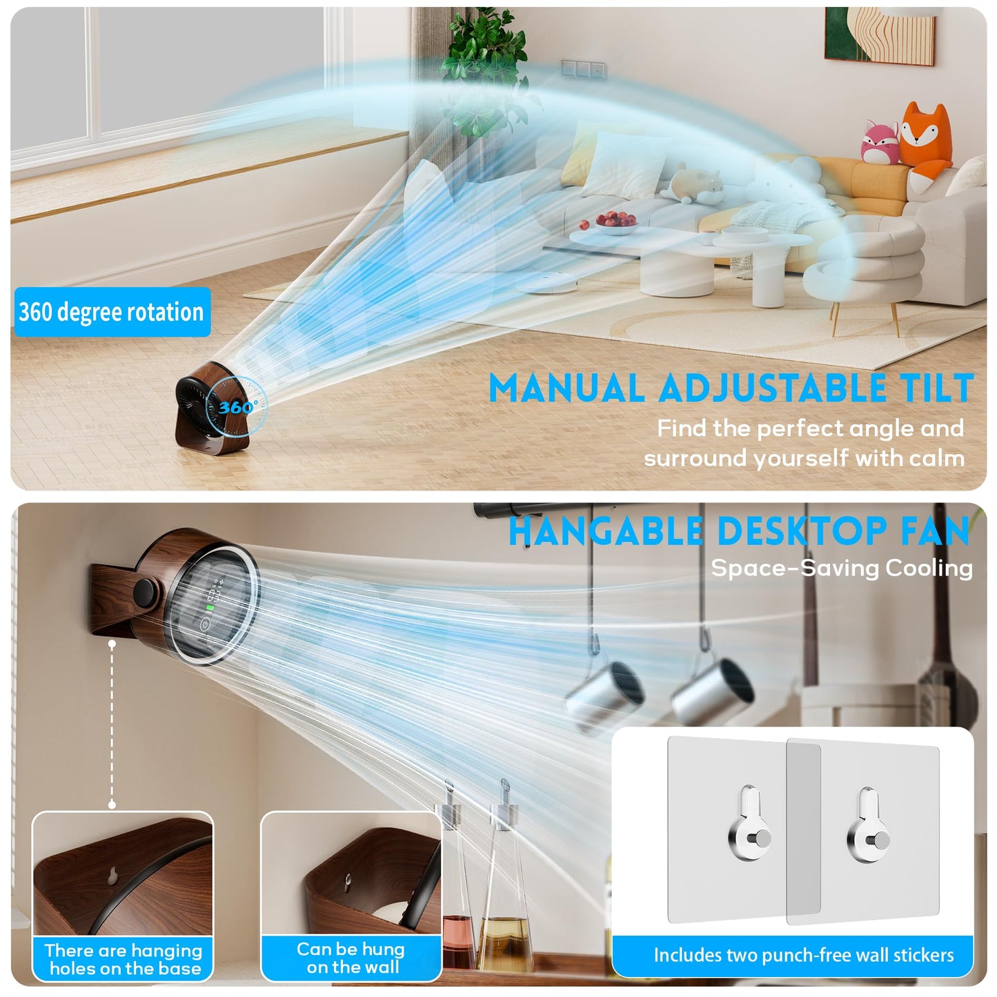 Small Desk Fan 5000mAh Rechargeable Battery Powered -Retro Low Noise Quiet Portable Gentle Blowing with LED Night Light Office Bedroom Table Top Wall Hanging Kitchen Camping Dorm 5-Speed 360° Rotation