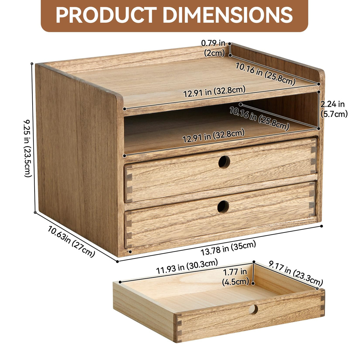 KIRIGEN Desktop Organizer Cabinet With 2 Drawers & Tray - Wood Office Desk Storage Shelf for Office Supplies - Small Cabinet for Countertop Accessories Storage 3 Layer Dark Brown（DT3D2C-DBR）