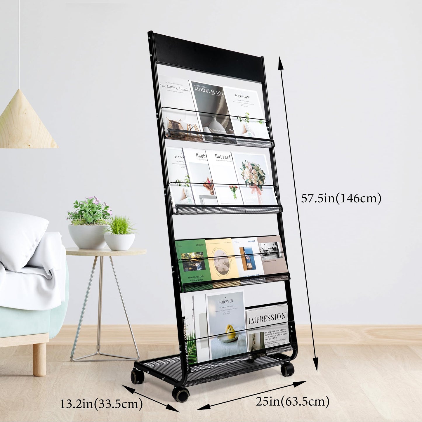 KIZECK Floor Magazine Rack Brochure Display Stand 4-Layer With Wheels And Top Billboard, Newspaper Literature Holder High-Hardness Metal For Office Exhibitions, Black (57.5''*25''*13.2'')