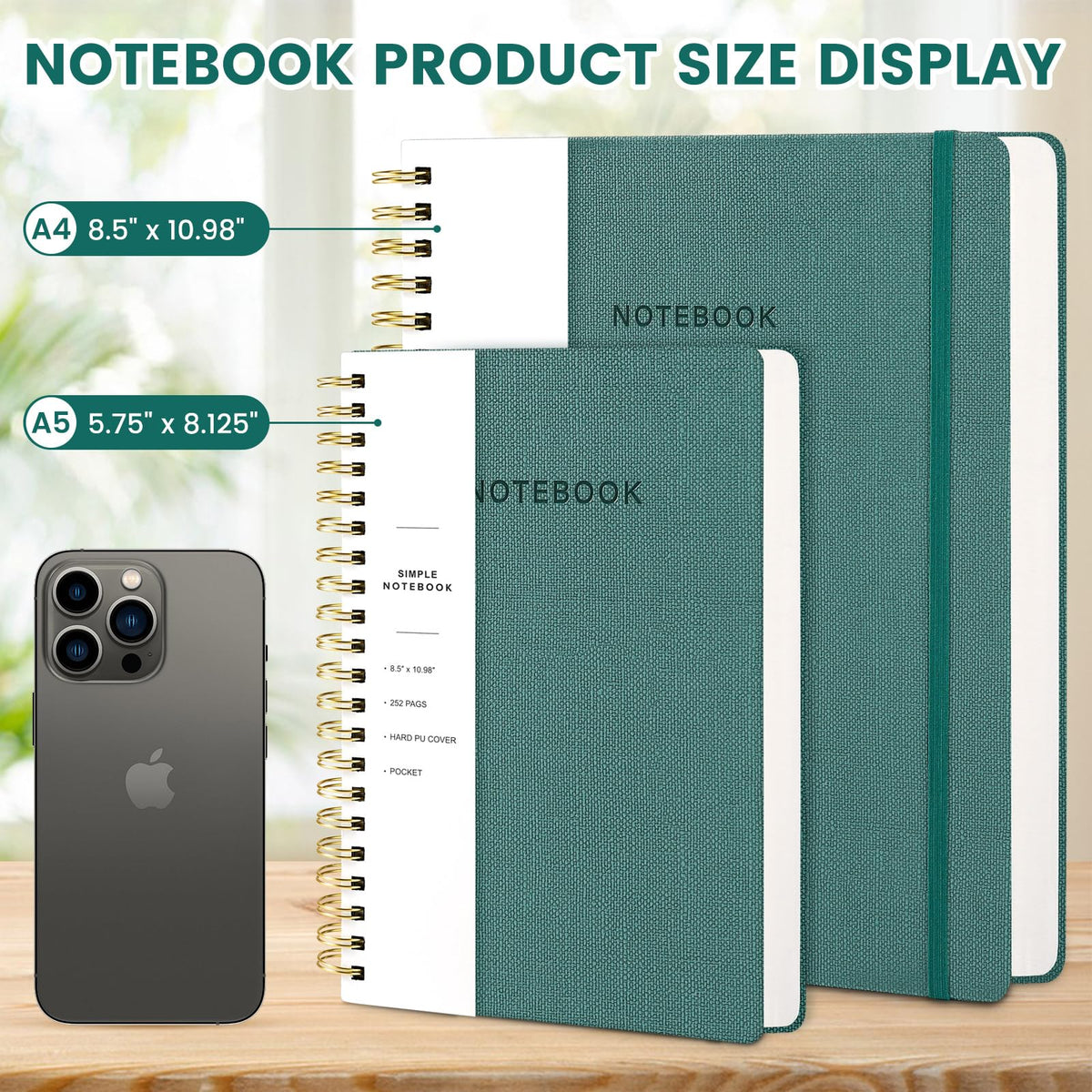 Oneirom Spiral Notebook - 8.5 x 10.98 Inch Large Hard Cover Notebook with Elastic Band & Pocket, 252 Pages, Lay Flat Wirebound Journal for Work, School, Planning & Note Taking Green