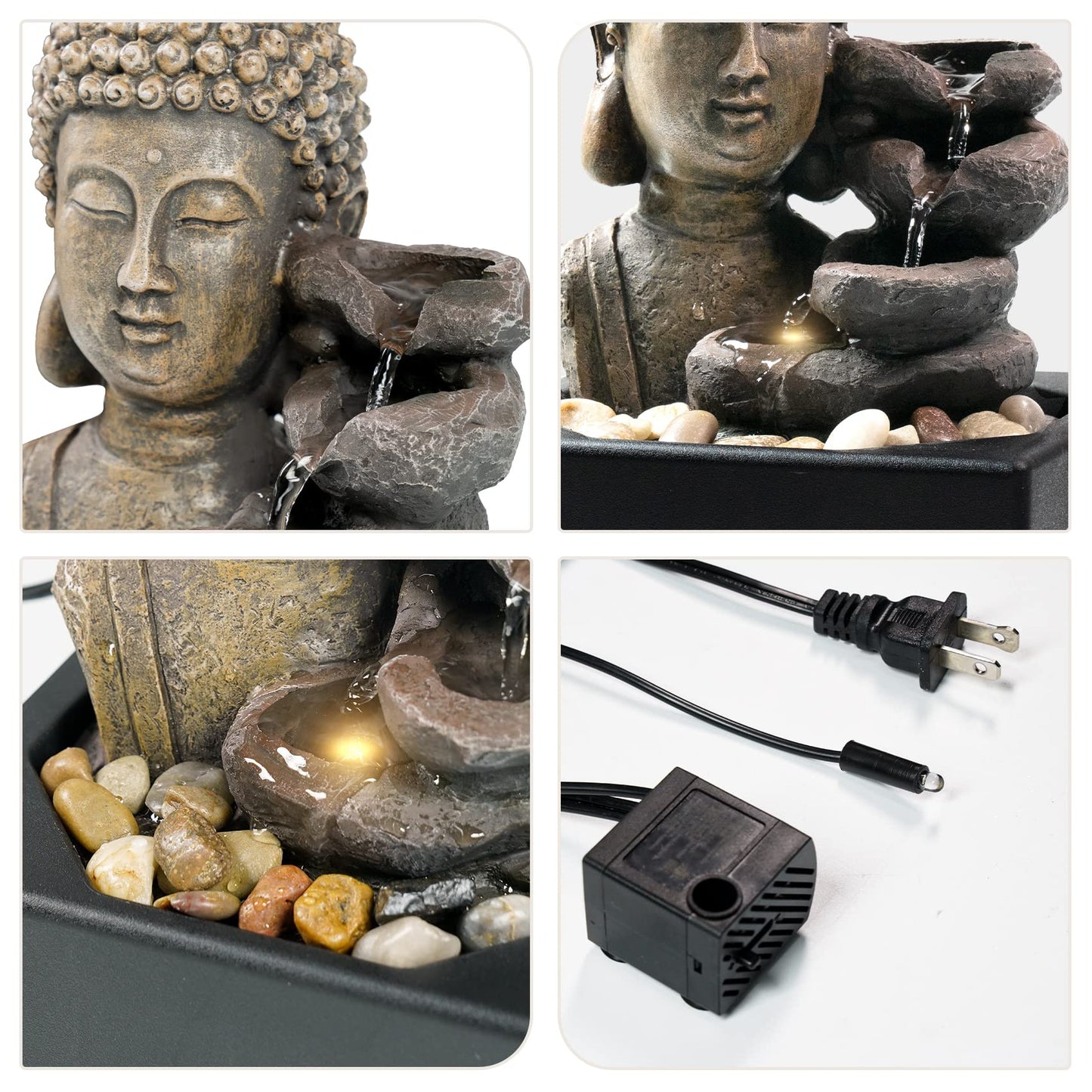 Ferrisland Tabletop Waterfall Fountain Indoor - Buddha Water Fountains 4-Tier Tabletop Waterfall of Zen Meditation Buddha Fountain with LED Warm Light for Office Home and Bedroom Desktop Decor
