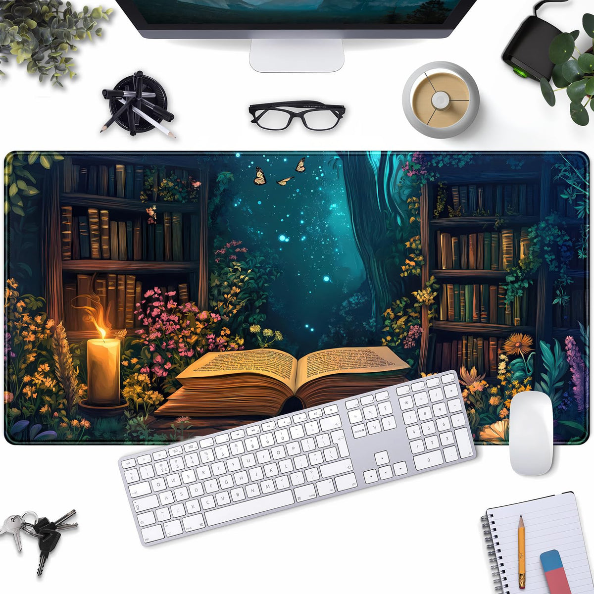 Gothic Desk Mat Gaming Desk Pad Blue Forest Large Mouse Pad, Mysterious Library Mouse Mat XXL Laptop Keyboard Pad, Vintage Gamer Mouse Pad Full Mousepads for School Office Home 31.5"x15.7"