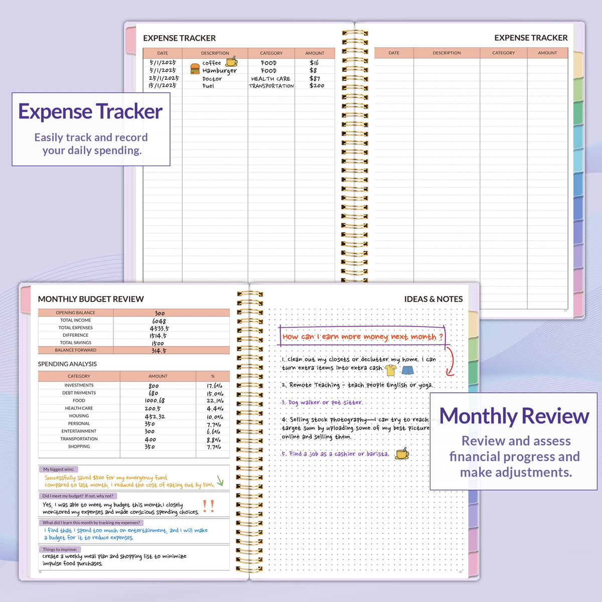 SUNEE Budget Planner - Monthly Budget Book with Expense Tracker Notebook, A4(8.5" x 11") Undated 12 Month Bill Organizer & Finance Planner to Manage Your Money, Account Book with Colorful Tab, Purple