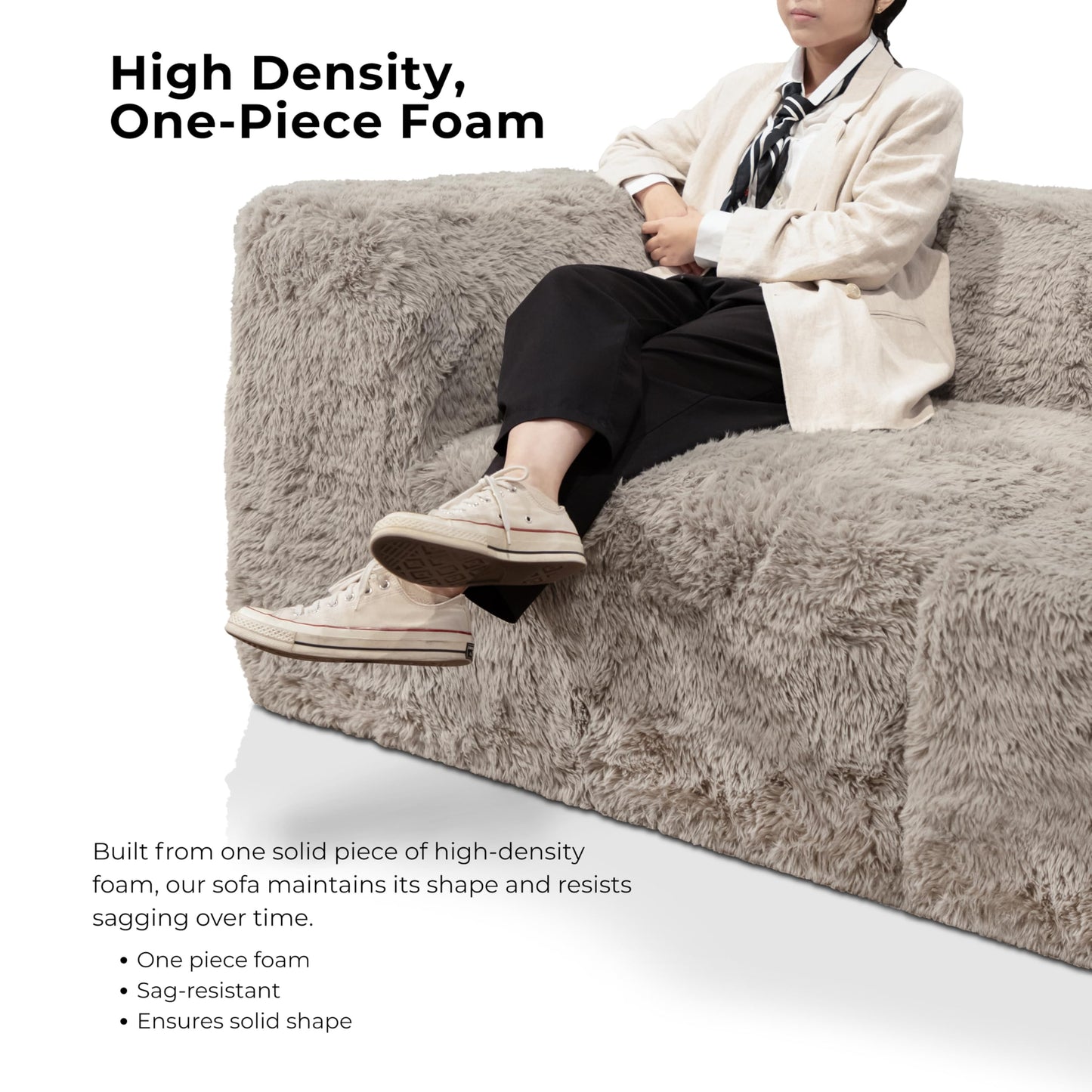 Furniture of America Havyn Modern Faux Fur 1-Seater Square Modular Foam Ottoman, Compressed Couch in a Box, No Assembly Required, for Living Room and Office, Taupe