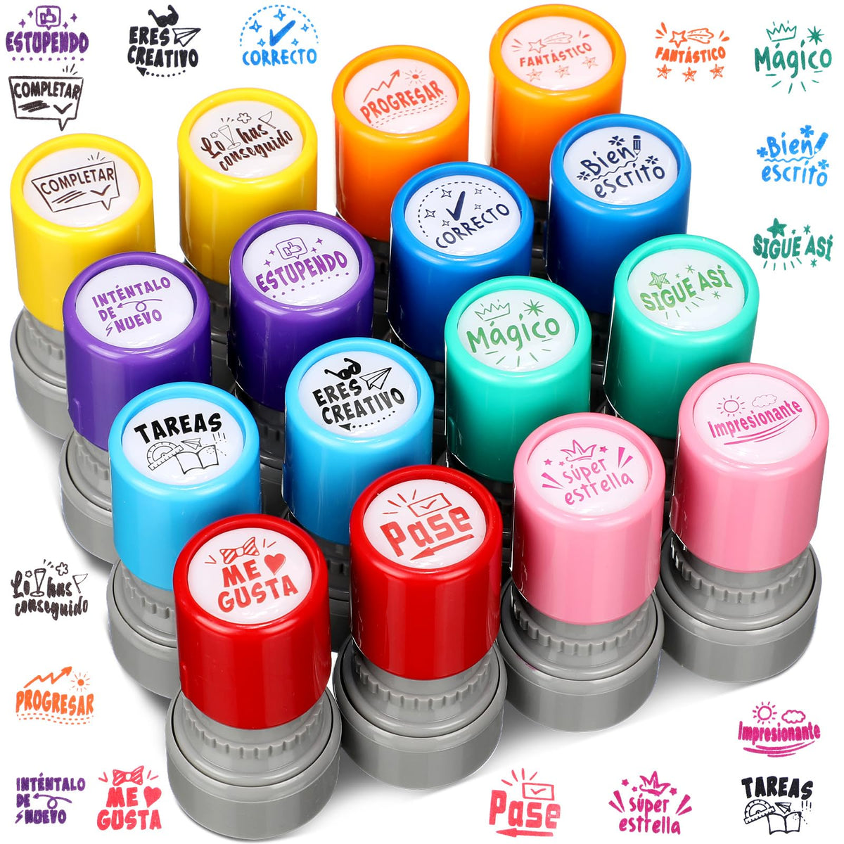 Jetec 16 Pcs Spanish Teacher Self Inking Stamps Teacher Gifts Motivation Grading Stamps for Signature Homework Reward Supplies(Round)