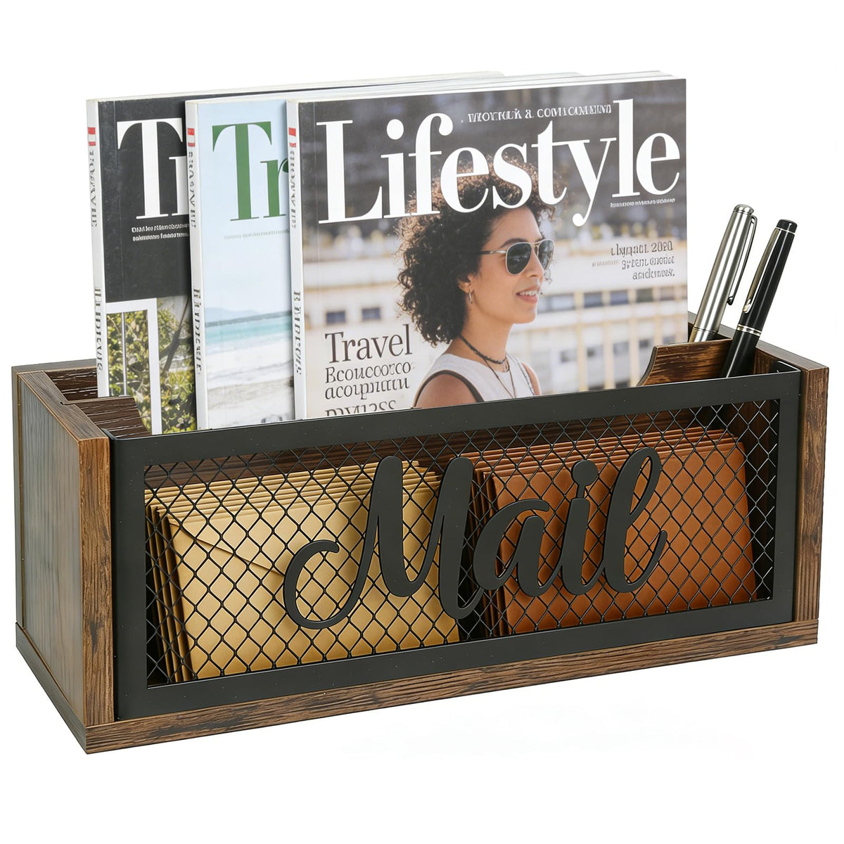 Mail Organizer Countertop, Rustic Farmhouse 2-Slot Wood & Iron Mail Holder, Retro Wall Mounted or Desk Entryway Letter Bill Envelope Sorter, No Assembly