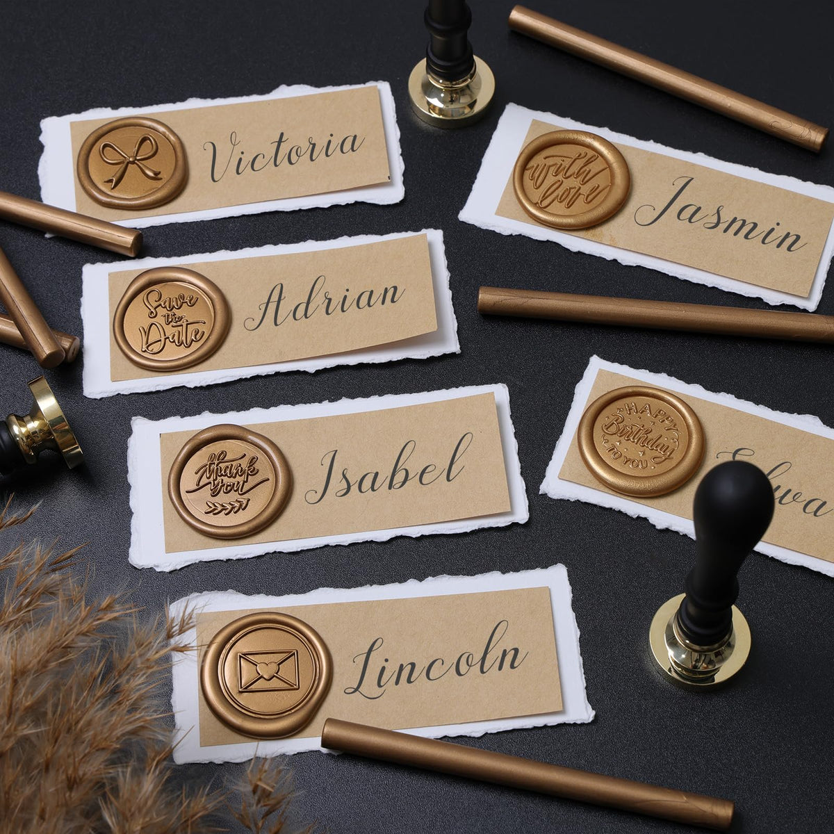 UNIQOOO 6 Pcs Wax Seal Stamp Set, Blessing Sealing Stamper Kit, Wooden Handle with Brass Head for Party Invitations, Envelops, Greeting Cards (Phrases Series)