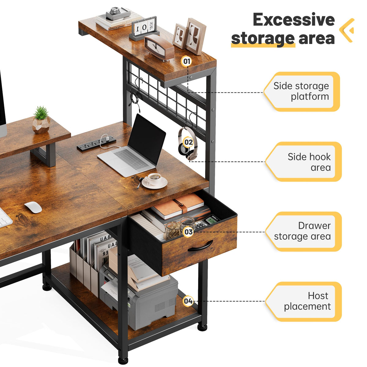 EnHomee 48" Computer Desk with Power Outlets & LED Lights, Gaming Desk with Drawer & Storage Shelves, Reversible Home Office Desk with Monitor Stand, for Living, Study Room, Gaming Room, Rustic Brown