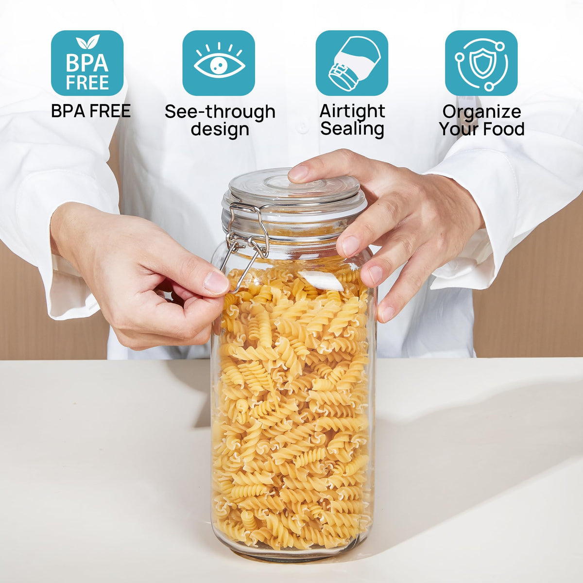 Vtopmart 78oz Glass Food Storage Jars with Airtight Clamp Lids, 3 Pack Large Kitchen Canisters for Flour, Cereal, Coffee, Pasta and Canning, Square Mason Jar with 8 Chalkboard Labels