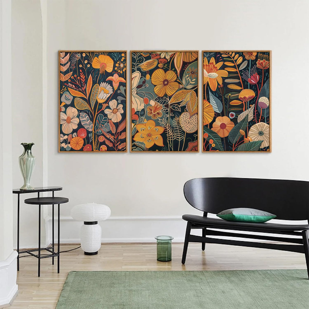 SIGNINART Orange Floral Framed Canvas Wall Art Set of 3, Mid Century Modern Flower Wall Decor, Neutral Plant Artwork, Boho Botanical Art Prints for Bedroom Living Room Office 16"x24"x3
