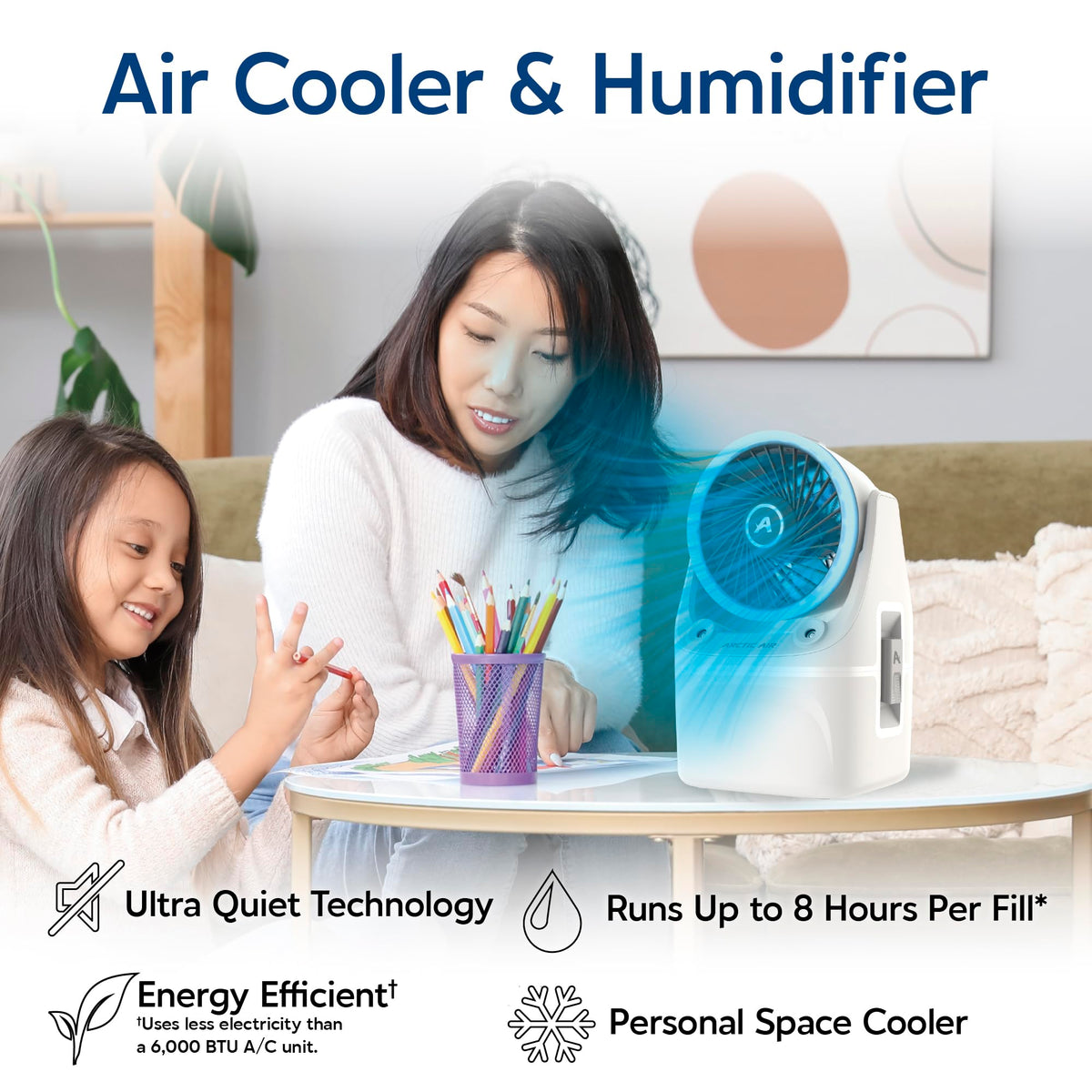 Arctic Air Ice Jet X3 Portable Air Cooler,Dual Mist Modes, Up to 8-Hour Cooling Time, 3-Speed Portable Cooler with Adjustable Airflow, USB C, LED Mood Light, Lightweight, Great for Home & Travel