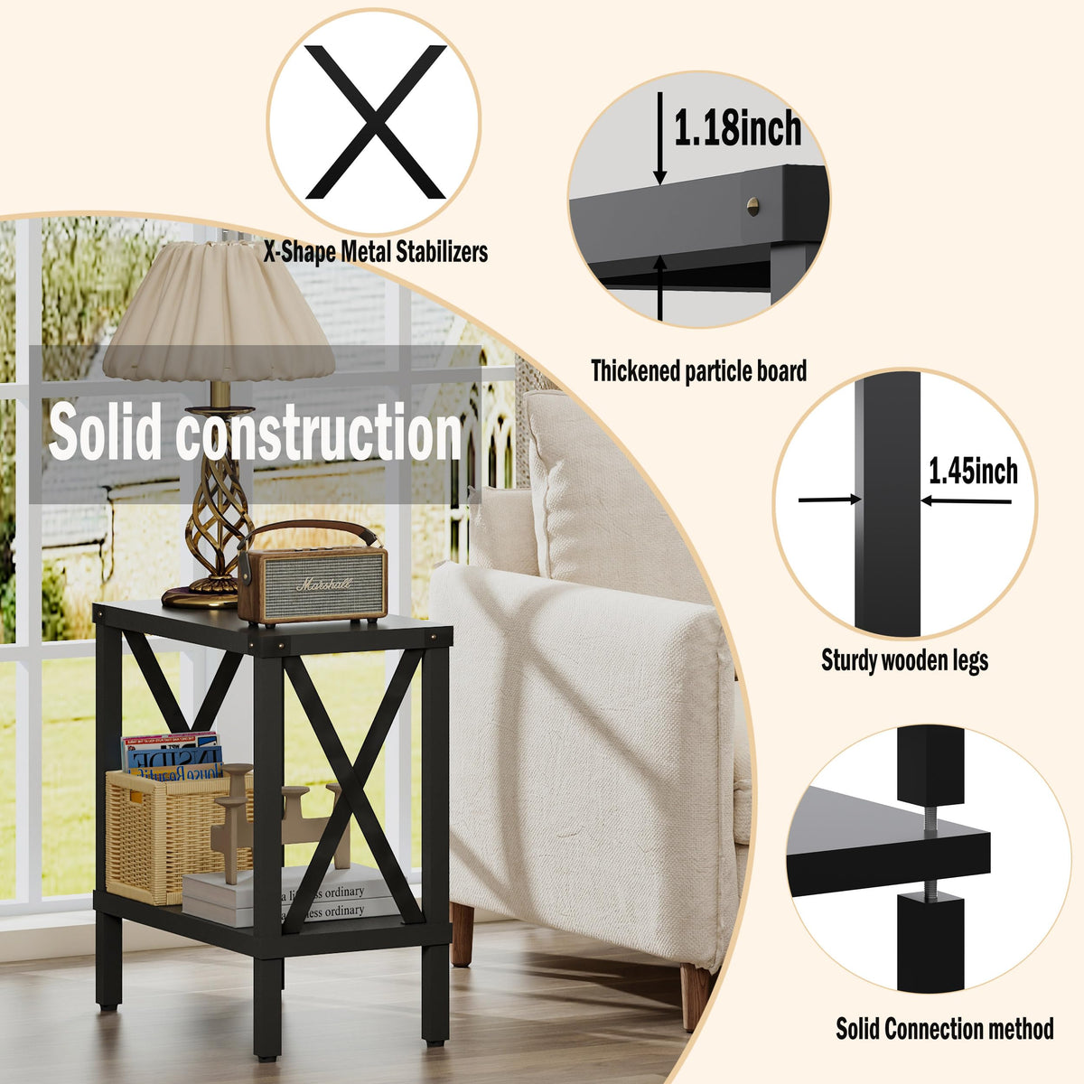 MMEOLUOOK Narrow End Table, Large Sofa Side Table, Farmhouse Nightstand with Storage Shelve, Slim Bedside Table for Living, Room Bedroom, Lounge Black MLBZ17B