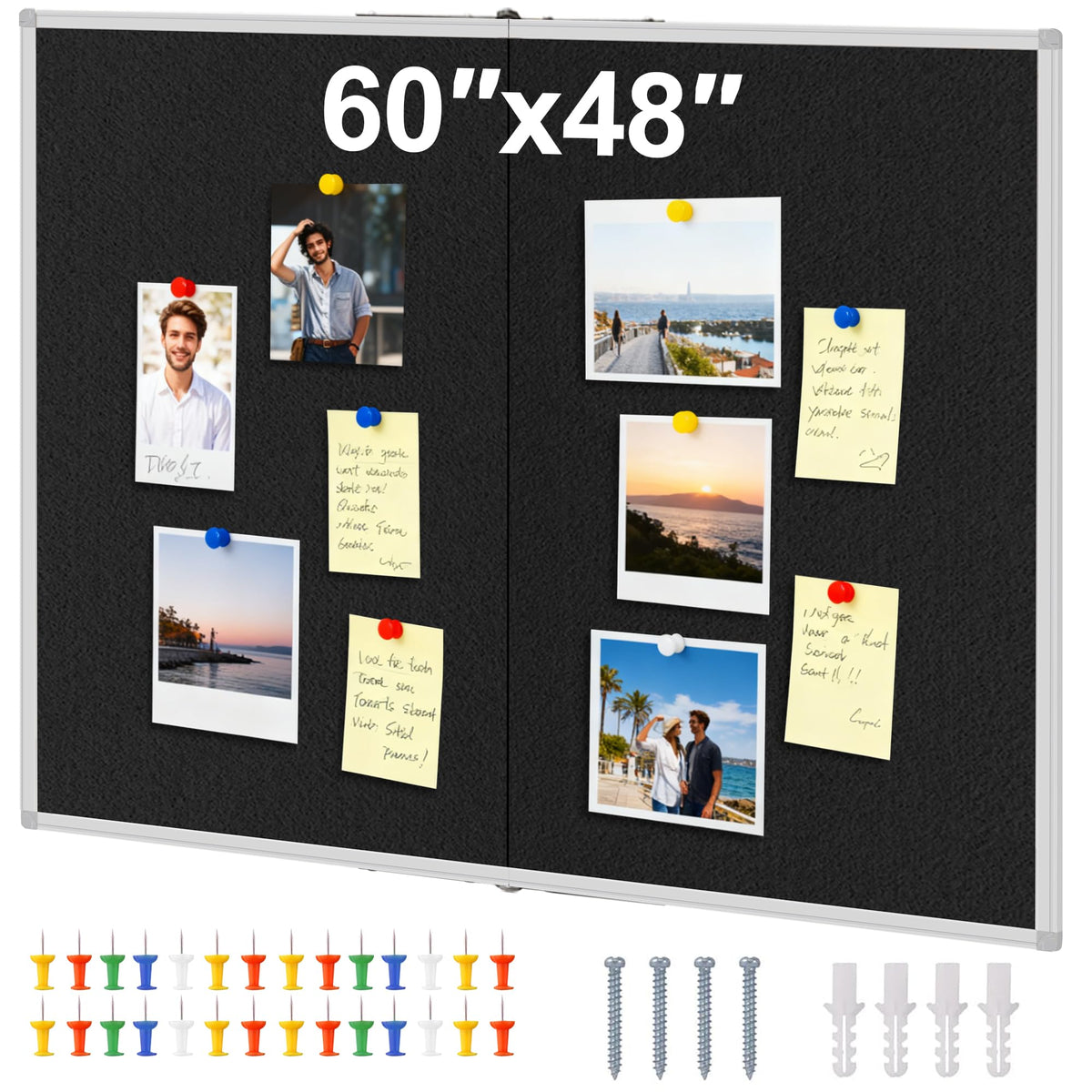 Large Cork Bulletin Board, 48 X 36 in Foldable Silver Aluminium Frame Noticeboard for Wall, 4'x 3' Large Wall Mounted Memo Notice Pin Board with 28 Push Pins for School, Home & Office (Black)
